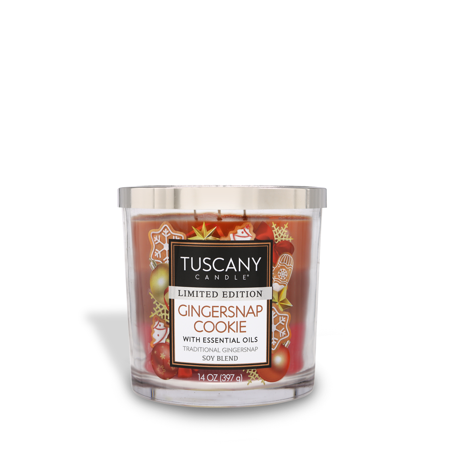 14oz Gingersnap Cookie scented candle in a glass jar with a silver lid, emanating sweet aromas of Molasses, candied ginger, cinnamon, and sugar from the Christmas candle collection