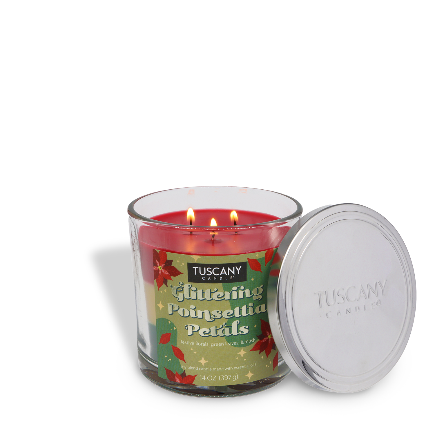 A 14 oz red three-wick candle in a clear glass jar with a silver lid, labeled "Glittering Poinsettia Petals Scented Holiday Candle" by Tuscany Candle® SEASONAL.