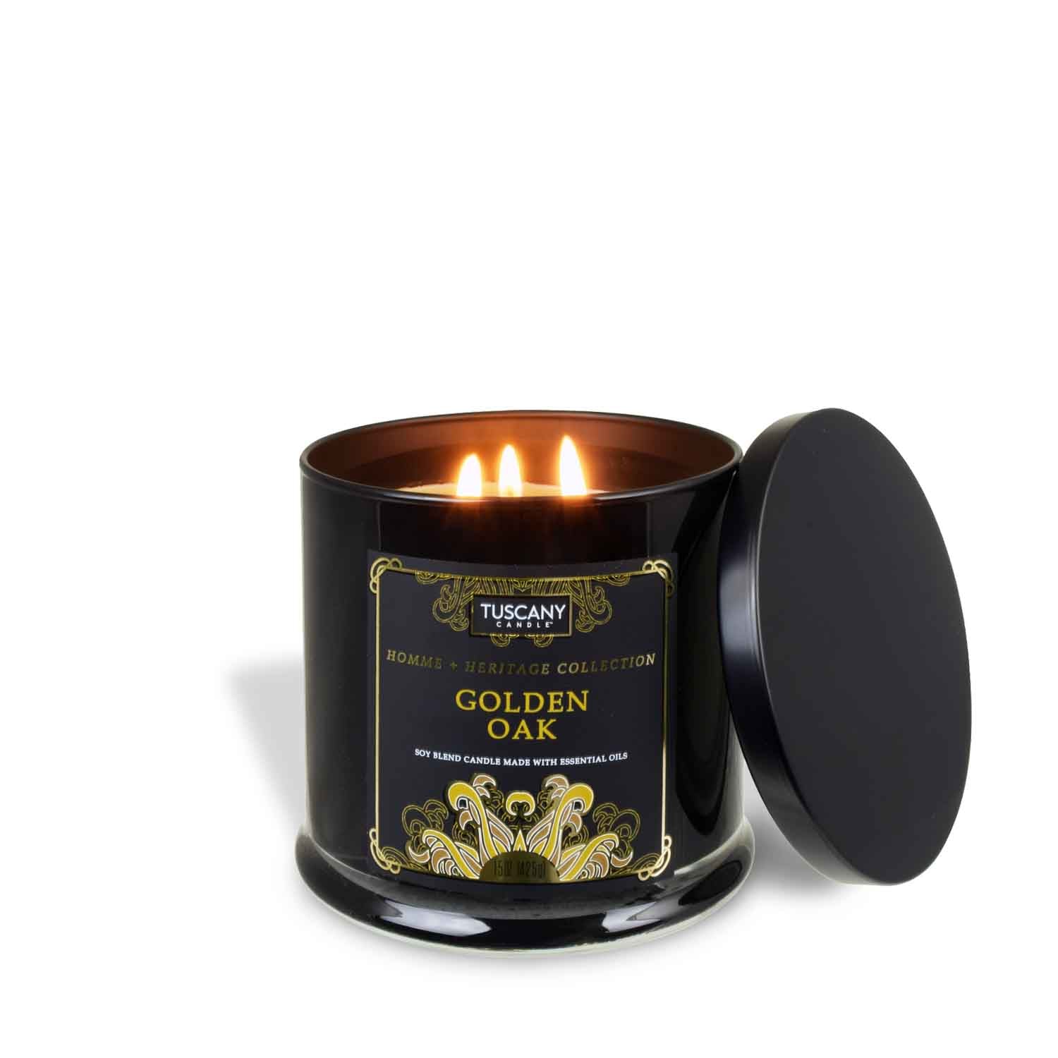 The Golden Oak Scented Jar Candle (15 oz) from the Homme + Heritage Collection by Tuscany Candle features a captivating fragrance and is encased in a sleek black tin.