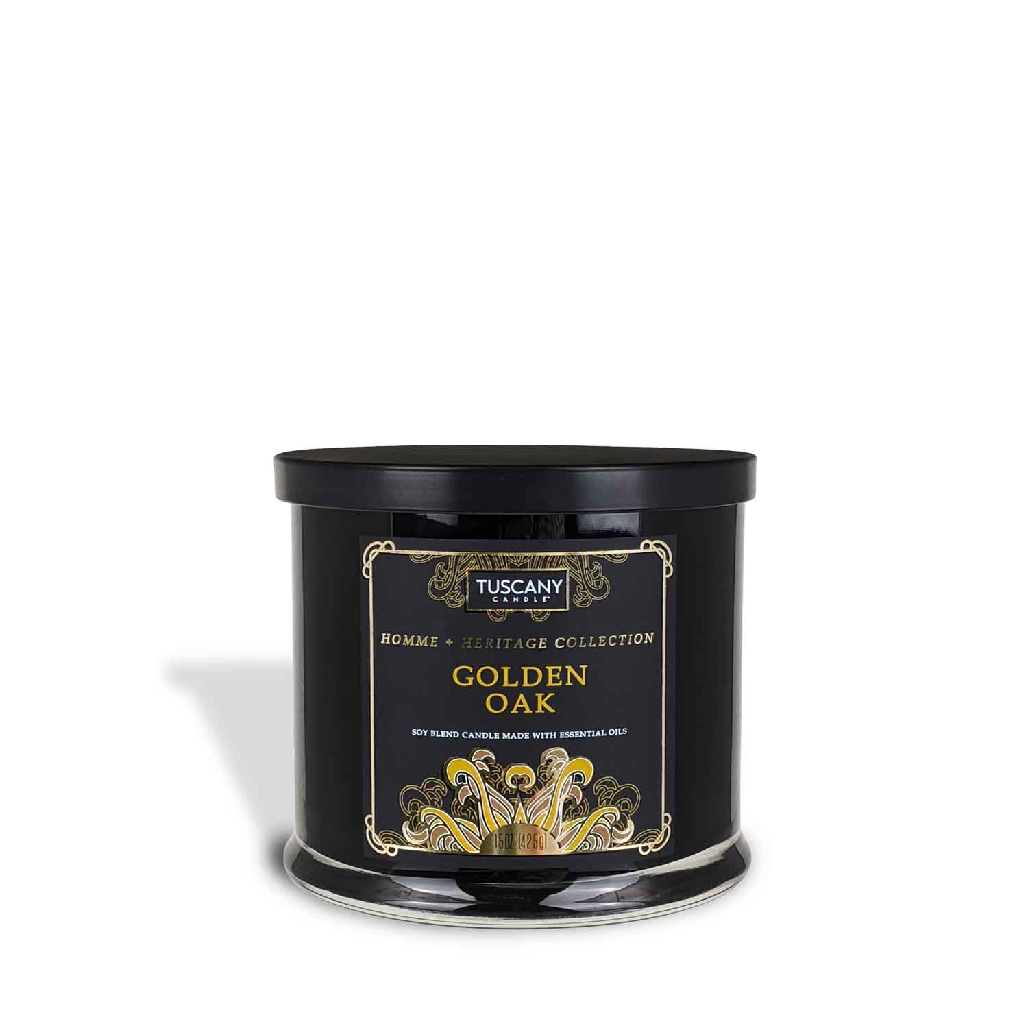 A black tin with a golden lid, filled with the warm and inviting scent of Mandarin and Golden Amber, balanced with notes of rich oakwood - Tuscany Candle's Golden Oak Scented Jar Candle (15 oz) from the Homme + Heritage Collection.