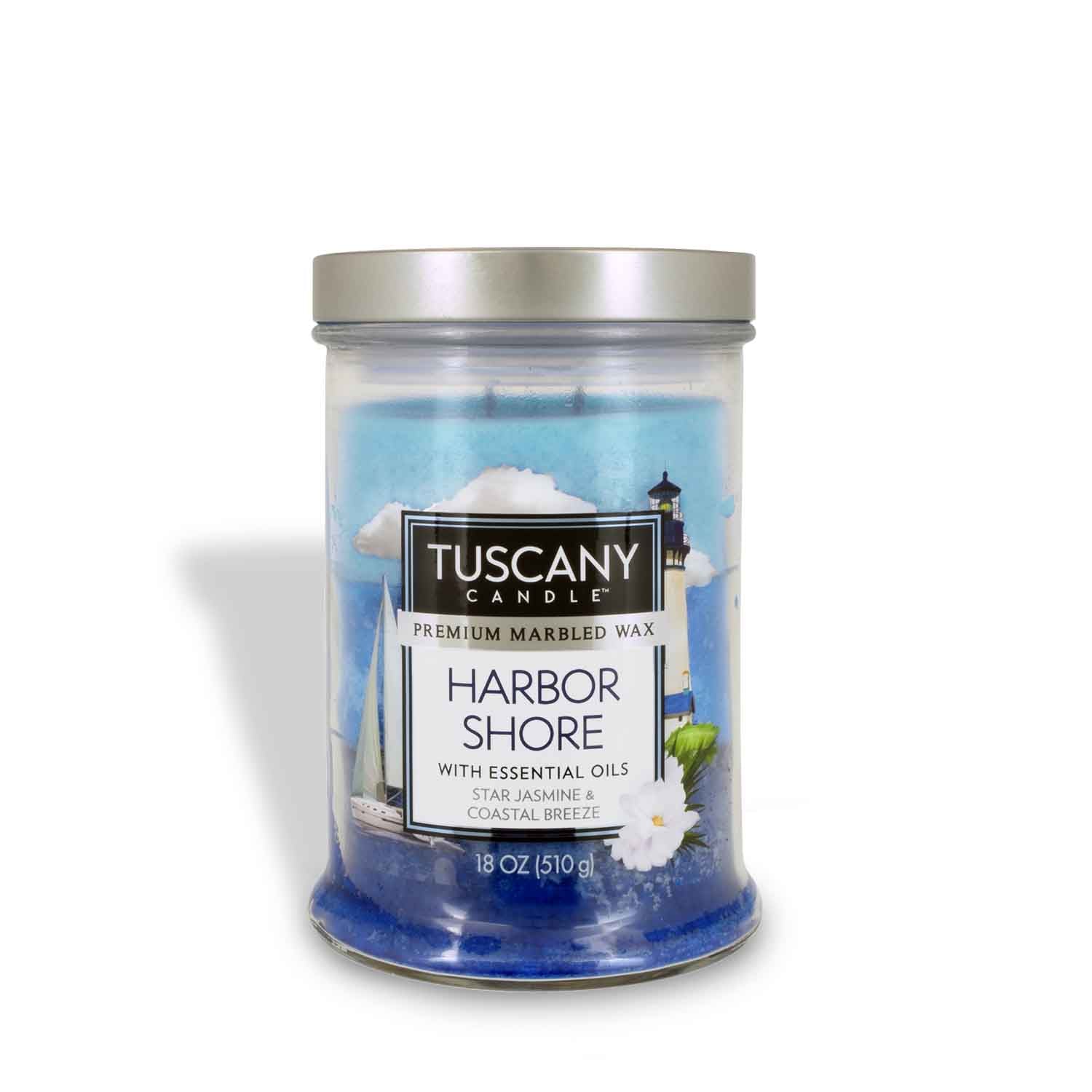 Experience the essence of a coastal breeze with the Tuscany Candle® EVD Harbor Shore Long-Lasting Scented Jar Candle (18 oz). This beautifully crafted candle features blue wax and a label depicting a lighthouse and sailboat, and is infused with essential oils to evoke the serene atmosphere of a tranquil harbor.