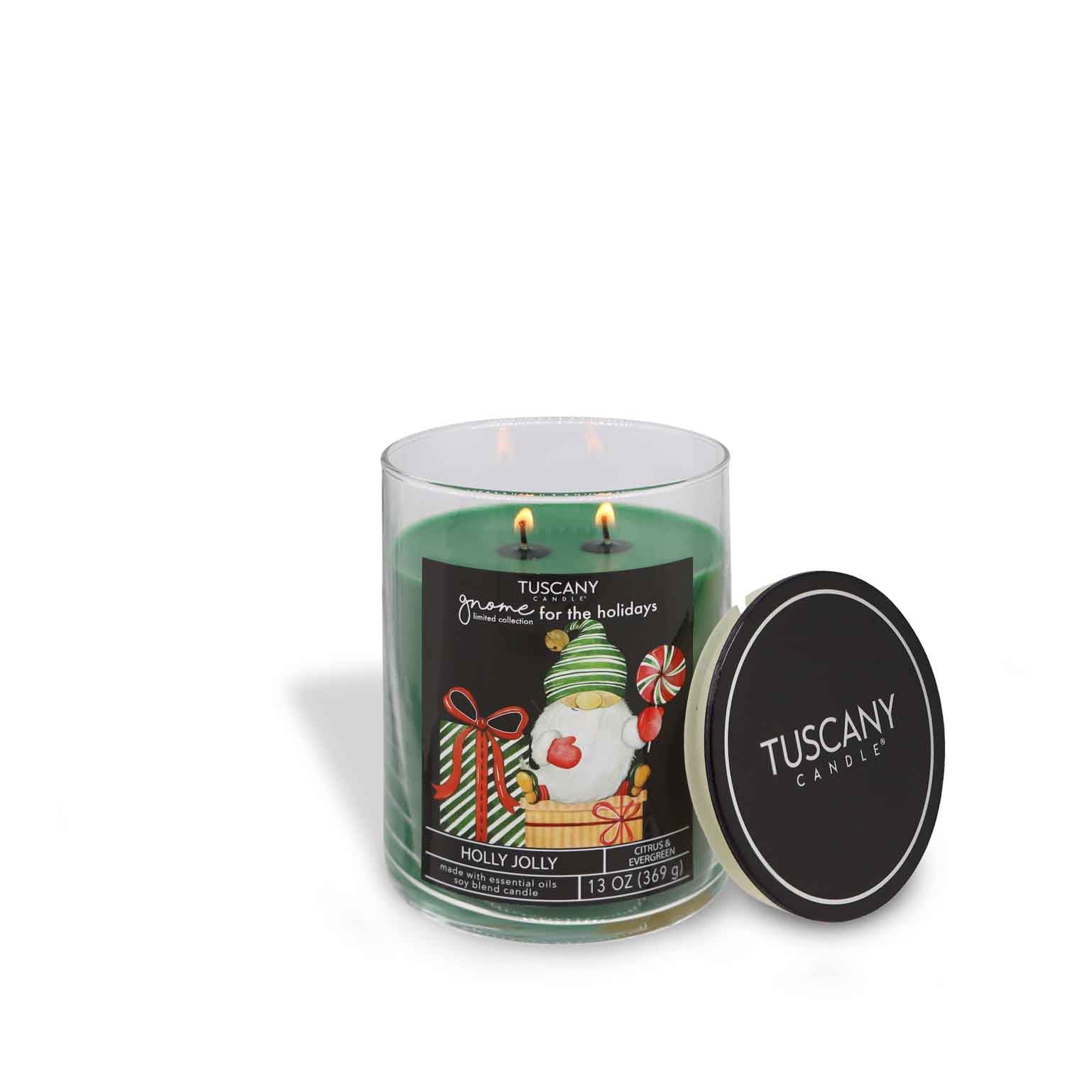 Festive green-waxed Holly Jolly candle, showcasing our signature merry-making gnomes on its label, set in crisp contrast to a white backdrop.
