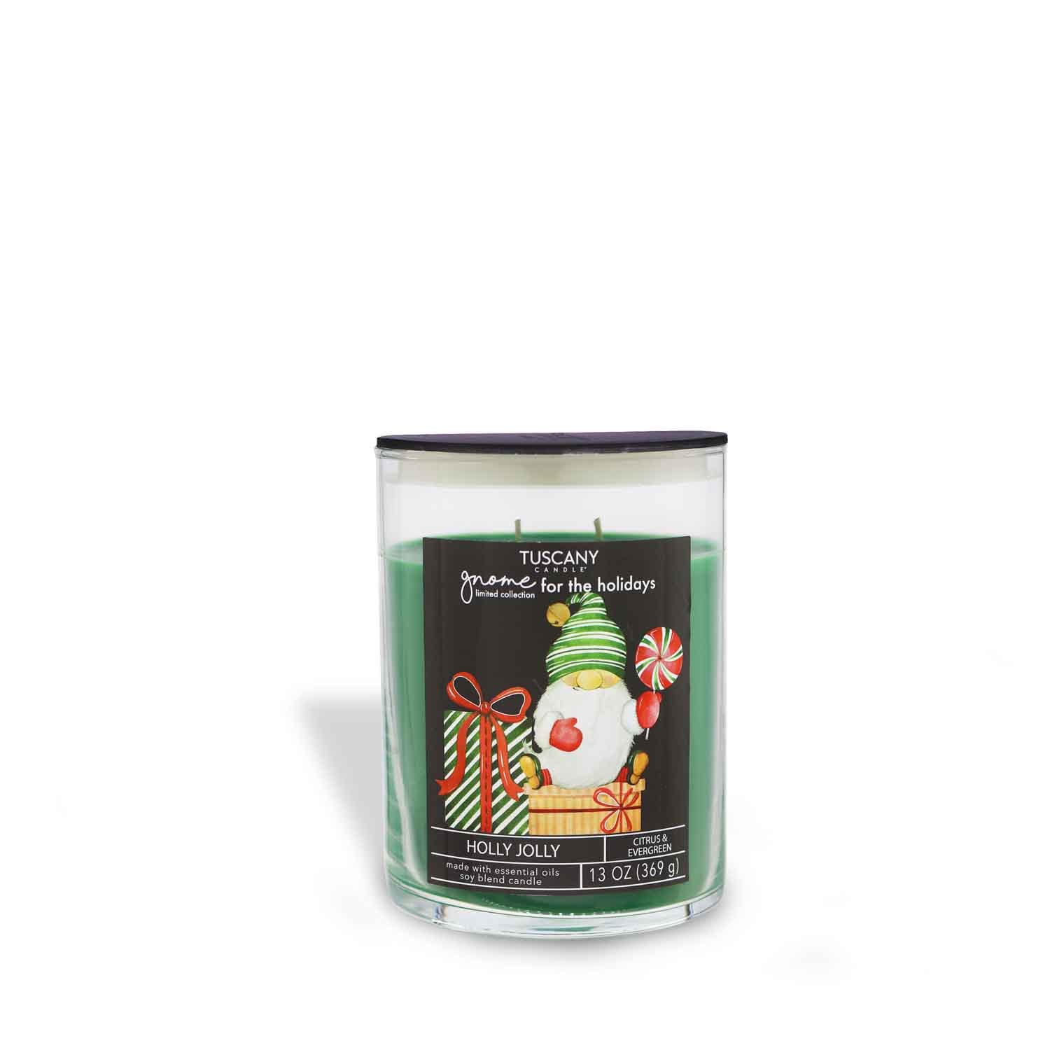 Holly Jolly candle from the Gnome for the Holidays collection, gleaming with rich red wax and a whimsical gnome party on its label, posed against a snow-white background.