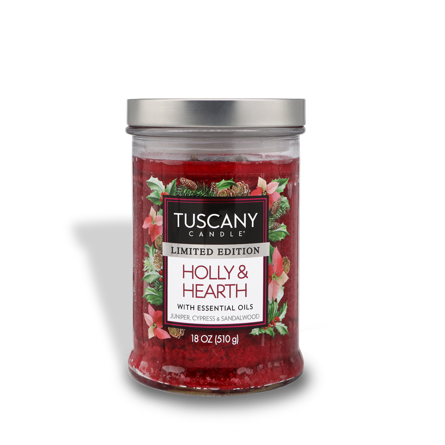 An 18oz glass jar candle named 'Holly & Hearth' with a cozy holiday ambiance, scented with juniper, cypress, and sandalwood, featuring two lead-free wicks.