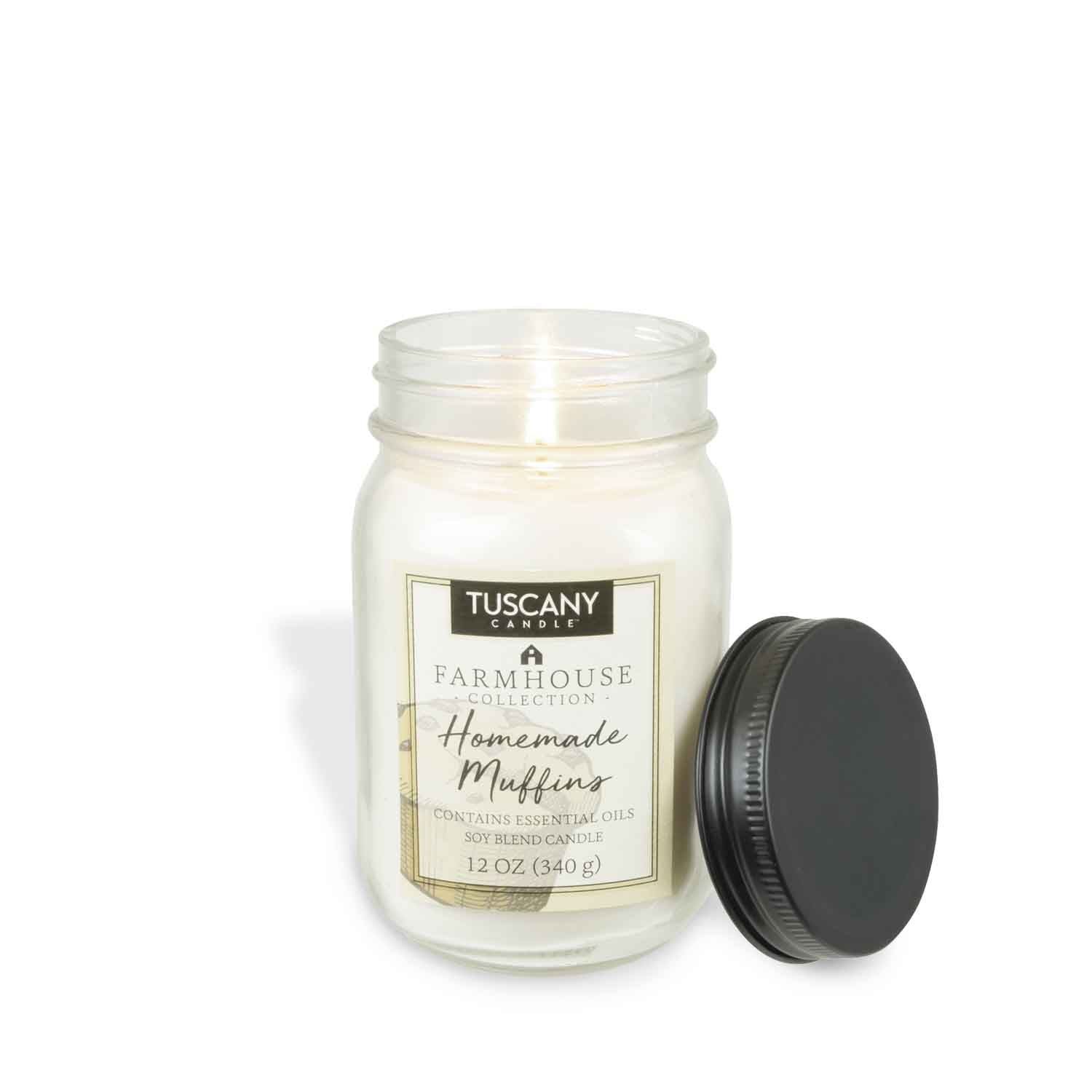 A Tuscany Candle® EVD Farmhouse jar with a lid and a Homemade Muffins Scented Jar Candle (12 oz) – Farmhouse Collection inside.