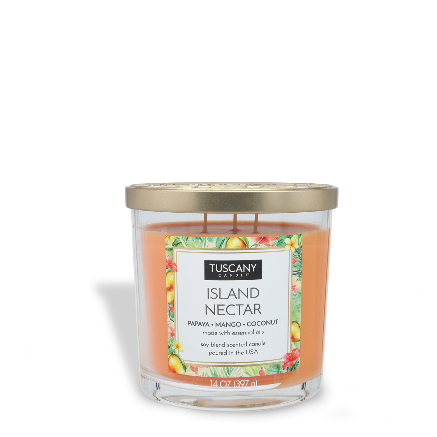 Enjoy the Tuscany Candle® EVD Island Nectar Long-Lasting Scented Jar Candle (14 oz), featuring a gold lid and a label with tropical fruits like papaya, mango, and coconut.