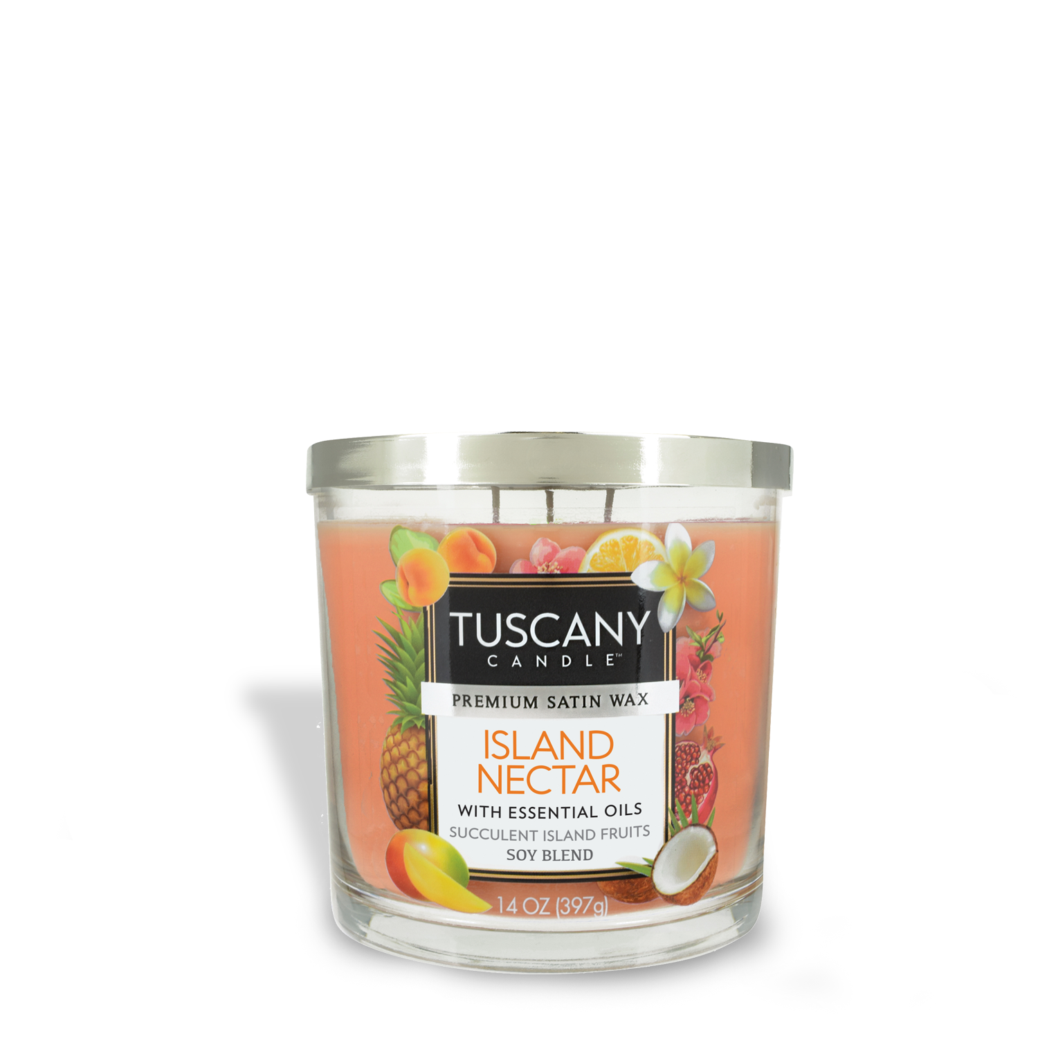 Indulge in Tuscany Candle's Island Nectar Long-Lasting Scented Jar Candle (14 oz), a fruity delight reminiscent of a tropical paradise.