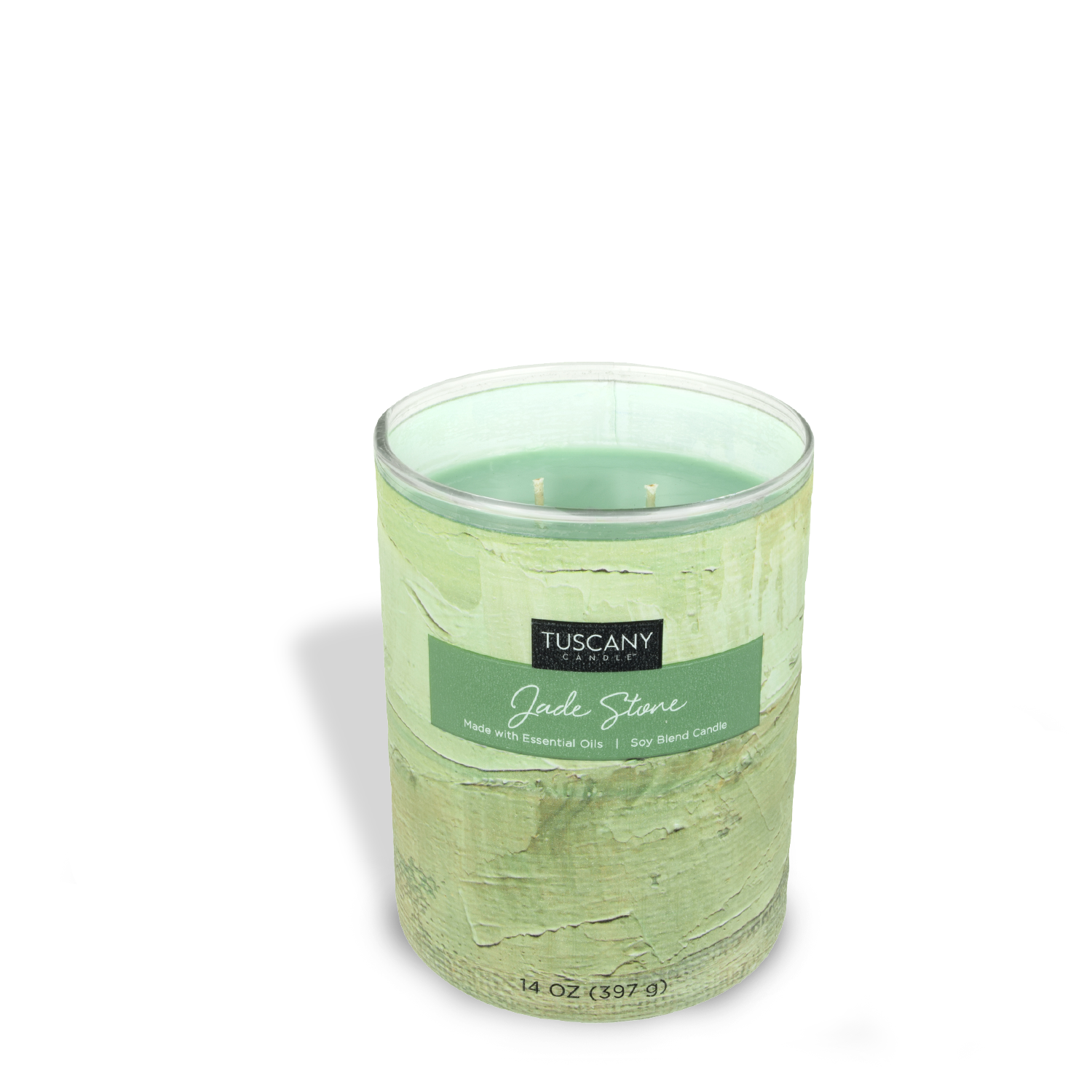 Elevated fragrance is captured in a Jade Stone scented jar candle (14 oz) from the Tuscany Candle Home Décor collection, beautifully showcased against a pristine white background.