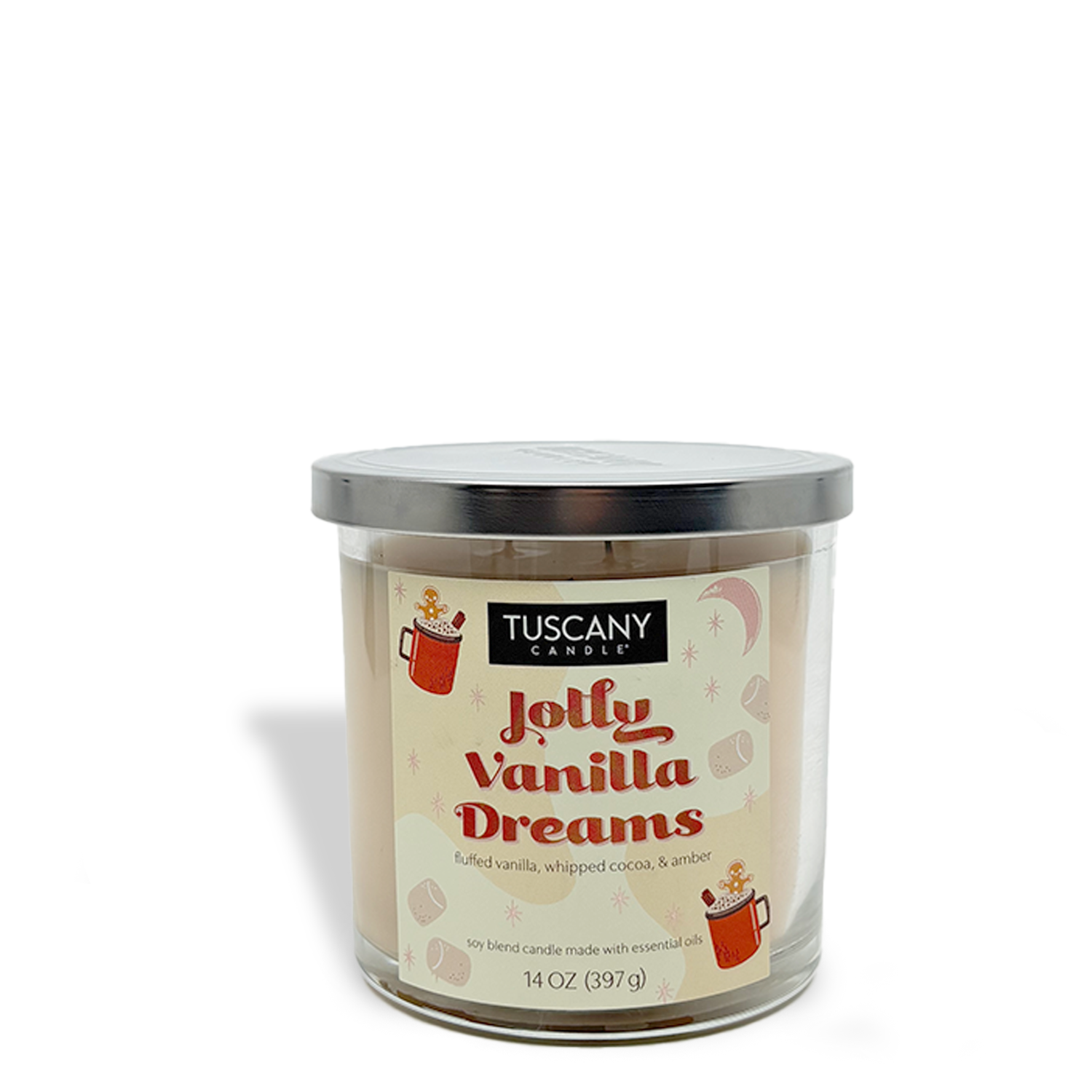 The Tuscany Candle® SEASONAL Jolly Vanilla Dreams Scented Holiday Candle (14 oz) features a festive design, silver lid, and holiday theme against a white background.