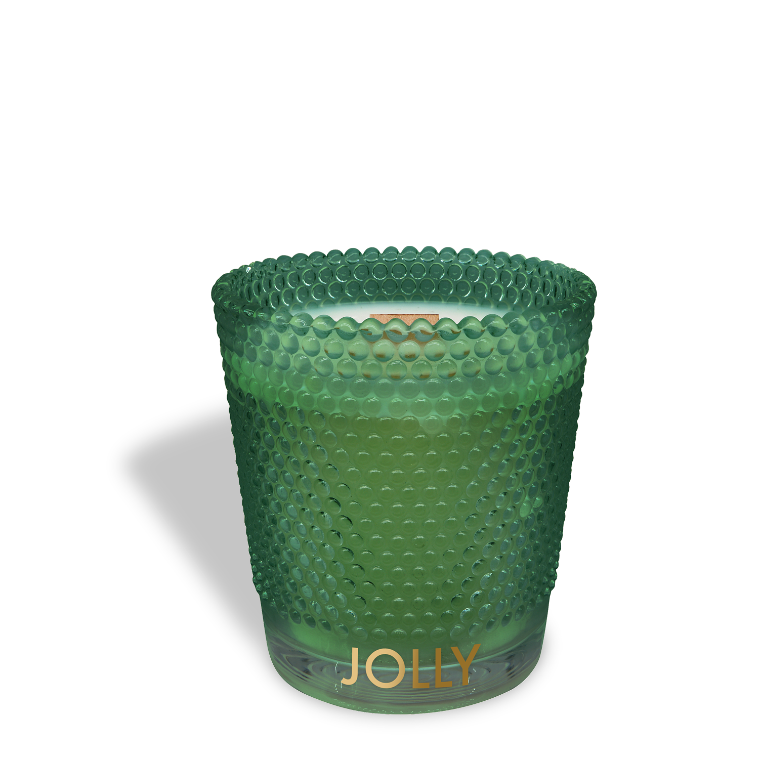 A green textured glass candle holder from Tuscany Candle® SEASONAL with "JOLLY" in gold, featuring a Spicy Clove & Frosted Spruce scented wooden wick candle (13 oz).