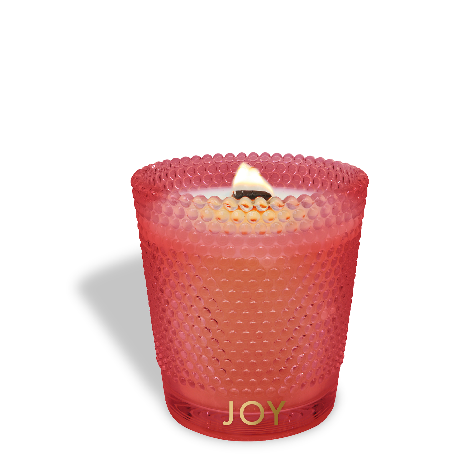 The Tuscany Candle® SEASONAL "Joy" is a 13 oz holiday wooden wick candle with spicy cinnamon and sweet vanilla scent, in a textured red glass holder featuring "JOY" on the front.