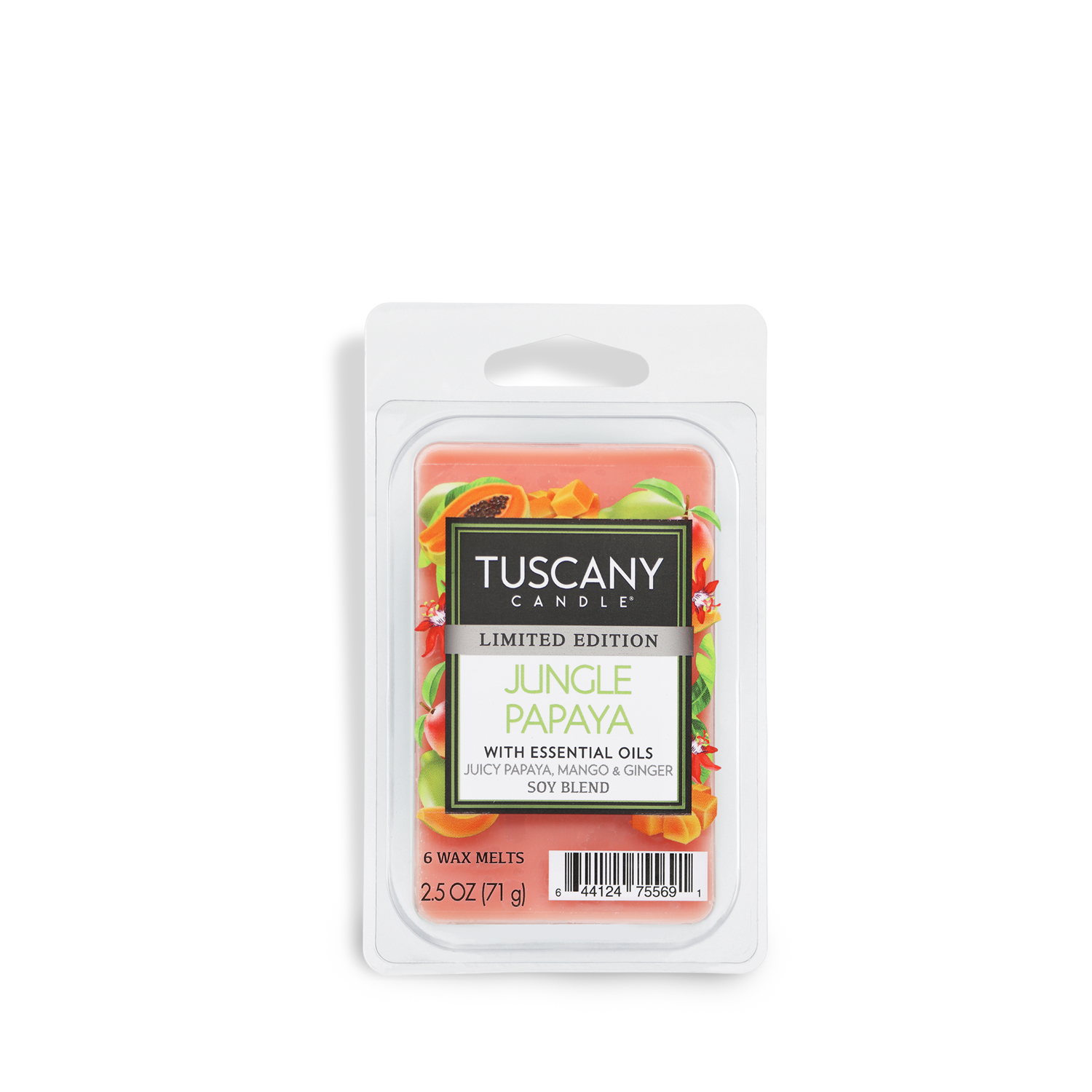 Package of Tuscany Candle® SEASONAL wax melts, labeled "Jungle Papaya: Mango Scented Summer" with images of papaya, mango, and ginger. Contains six soy blend melts (2.5 oz).