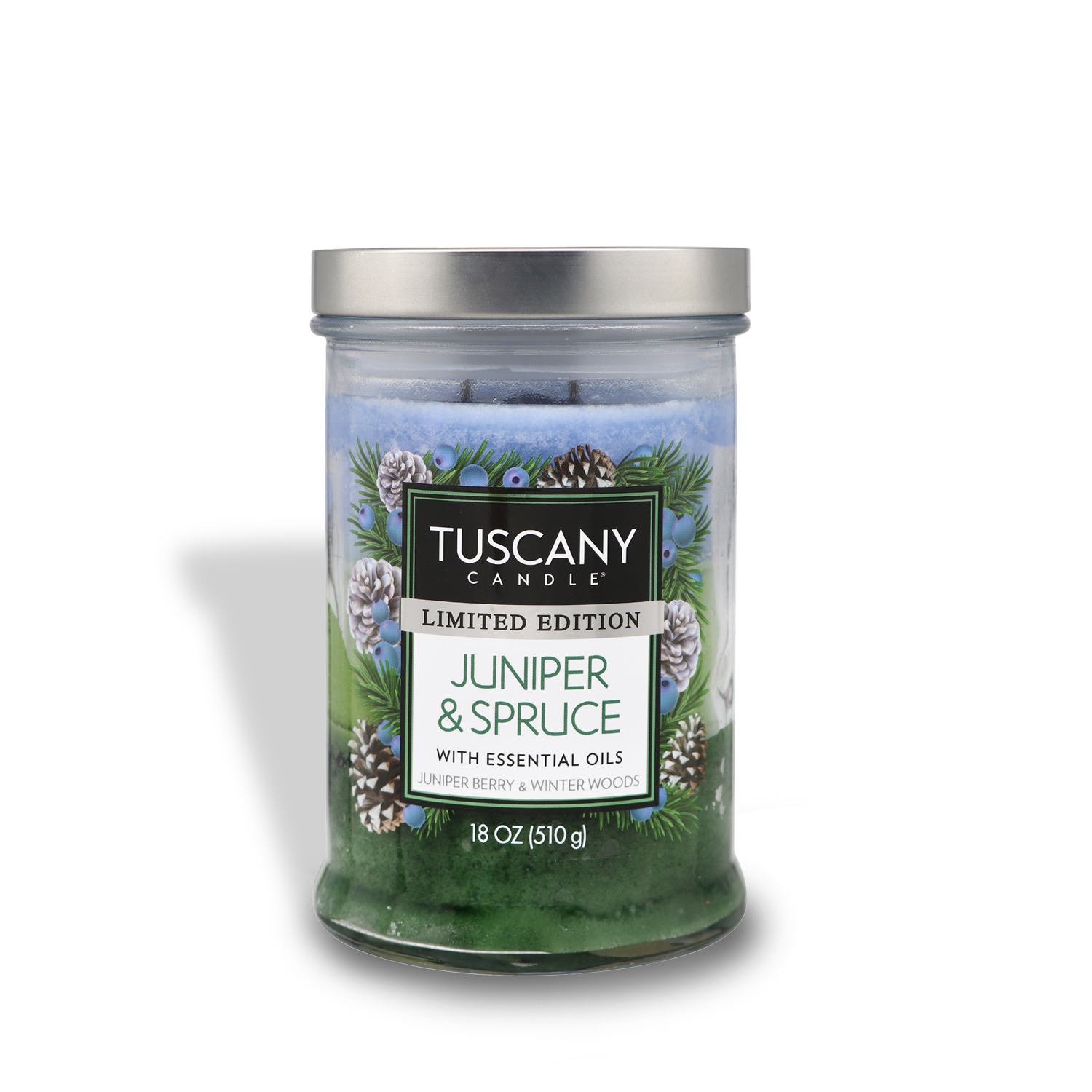 18oz 'Juniper & Spruce' scented candle by Tuscany Candle in a glass jar, showcasing its tri-color layers, reminiscent of sparkling juniper berry, frosty winter woods, and aromatic rosemary.