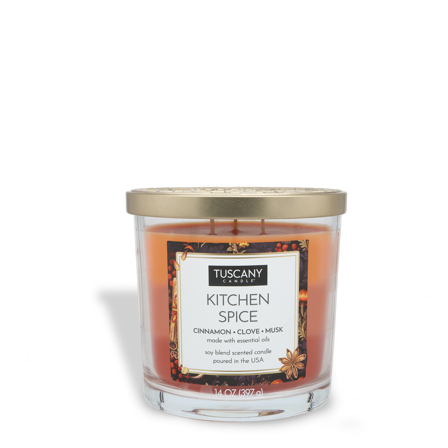 Experience the Tuscany Candle® EVD Kitchen Spice Long-Lasting Scented Jar Candle (14 oz), featuring warm cinnamon, clove, and musk aromas in a stylish glass jar with a gold lid for a cozy touch.