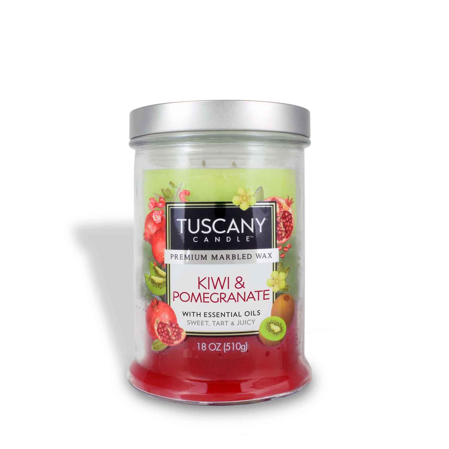 Glass jar candle titled "Kiwi & Pomegranate Long-Lasting Scented Jar Candle" by Tuscany Candle® EVD, 18 oz, with fruity imagery.