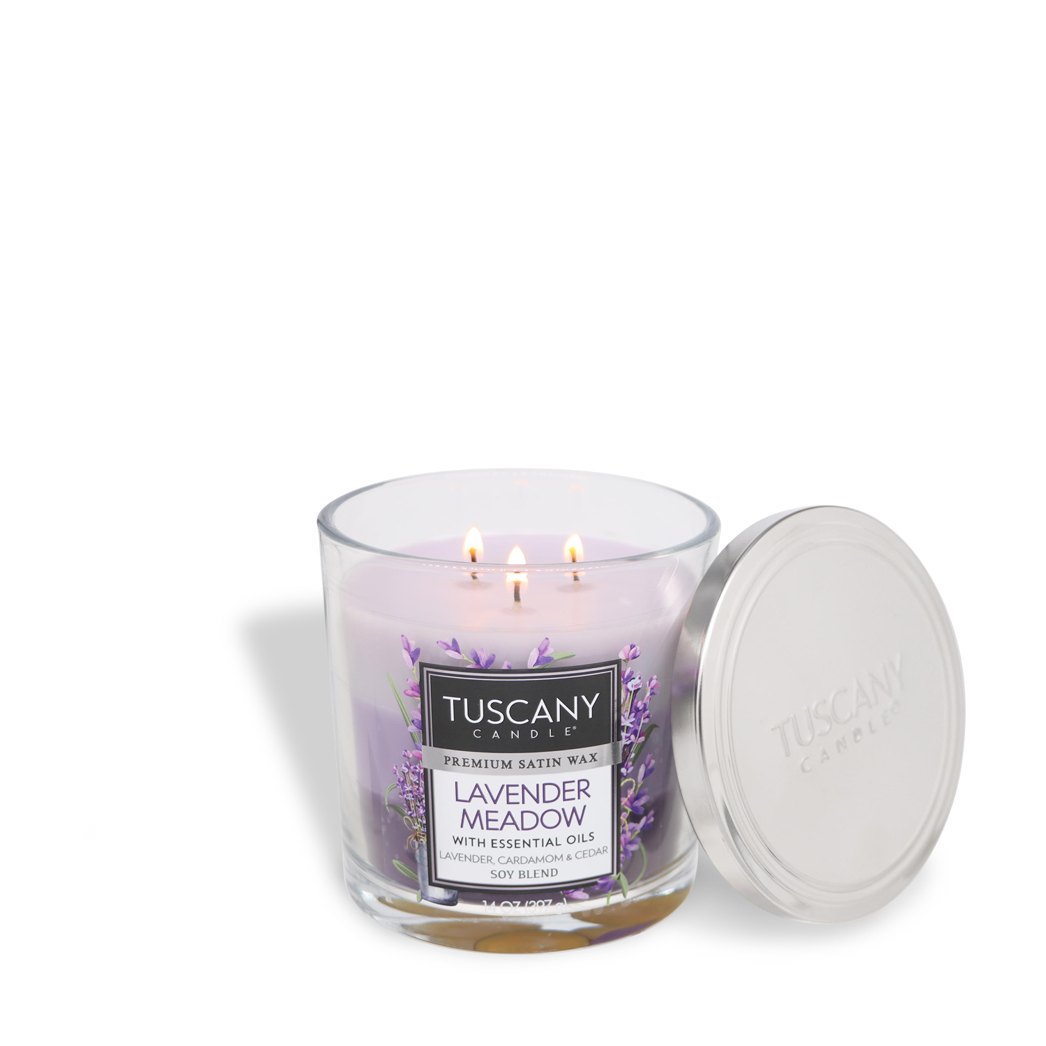The Tuscany Candle® EVD Lavender Meadow Jar Candle (14 oz) has a long-lasting scent, three wicks, a silver lid, and features lavender decor inside.