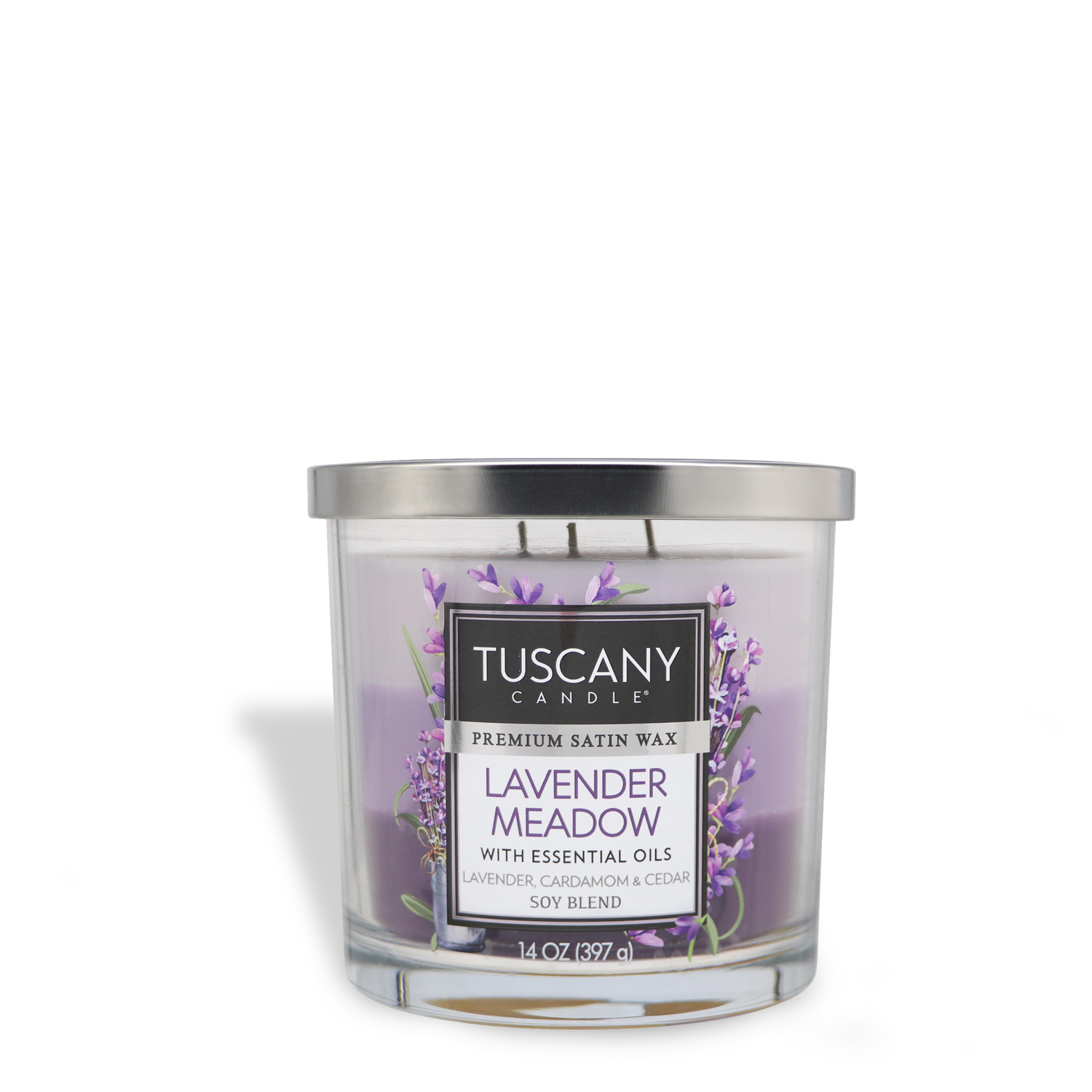The Lavender Meadow Long-Lasting Scented Jar Candle by Tuscany Candle® EVD features essential oils of lavender, cardamom, and cedar in a 14 oz soy blend glass jar with a silver lid.