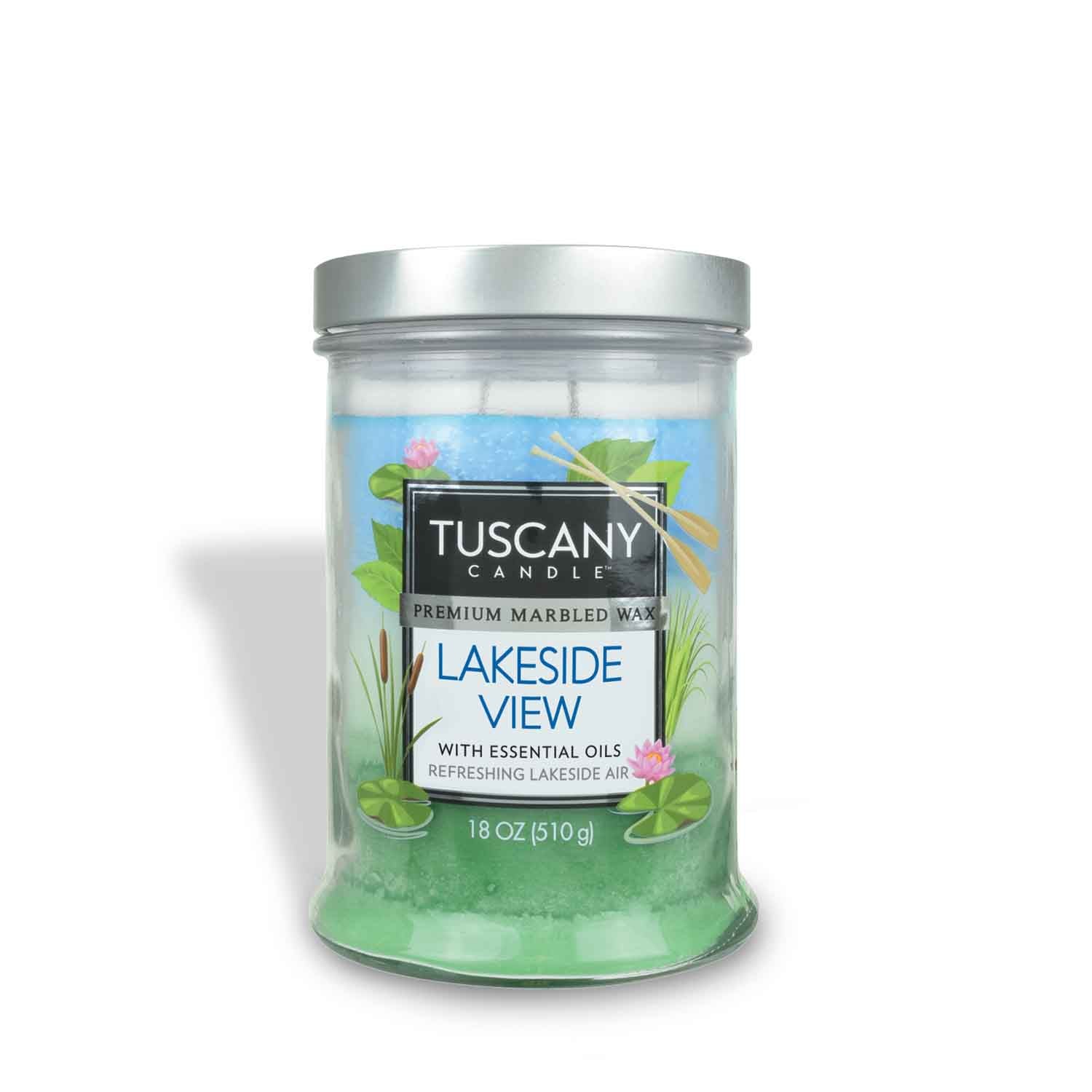 A Tuscany Candle® EVD product, the "Lakeside View Long-Lasting Scented Jar Candle" (18 oz), features essential oils in a green glass jar.