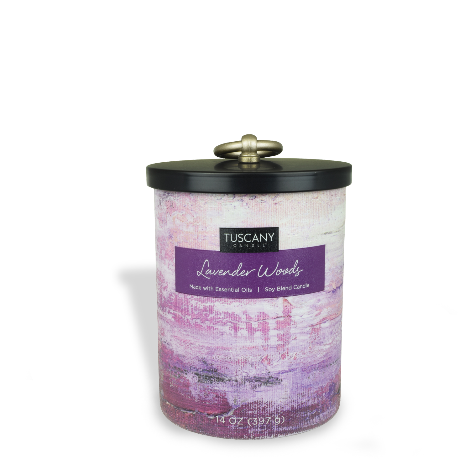 A Tuscany Candle tin with a lid, containing Lavender Woods Scented Jar Candle (14 oz) on it. Suitable for essential oils or as a decorative home décor item.