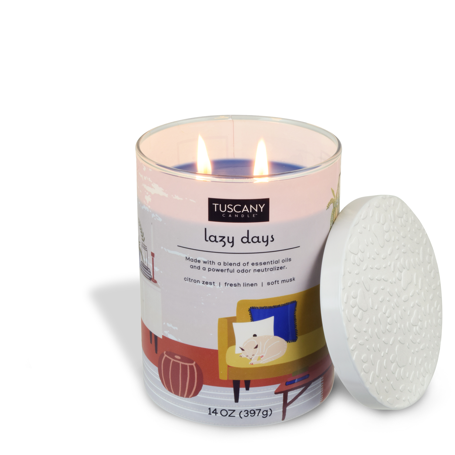 Tuscany Candle® EVD neutralizes odors with enzymes for Pet Odor Control using the Lazy Days Scented Jar Candle (14 oz) – Pet Odor Control Collection.