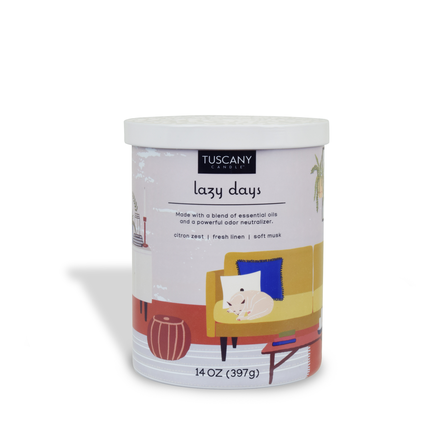 A container with a Lazy Days Scented Jar Candle (14 oz) – Pet Odor Control Collection by Tuscany Candle® EVD on it that utilizes enzymes for Pet Odor Control to neutralize odors.