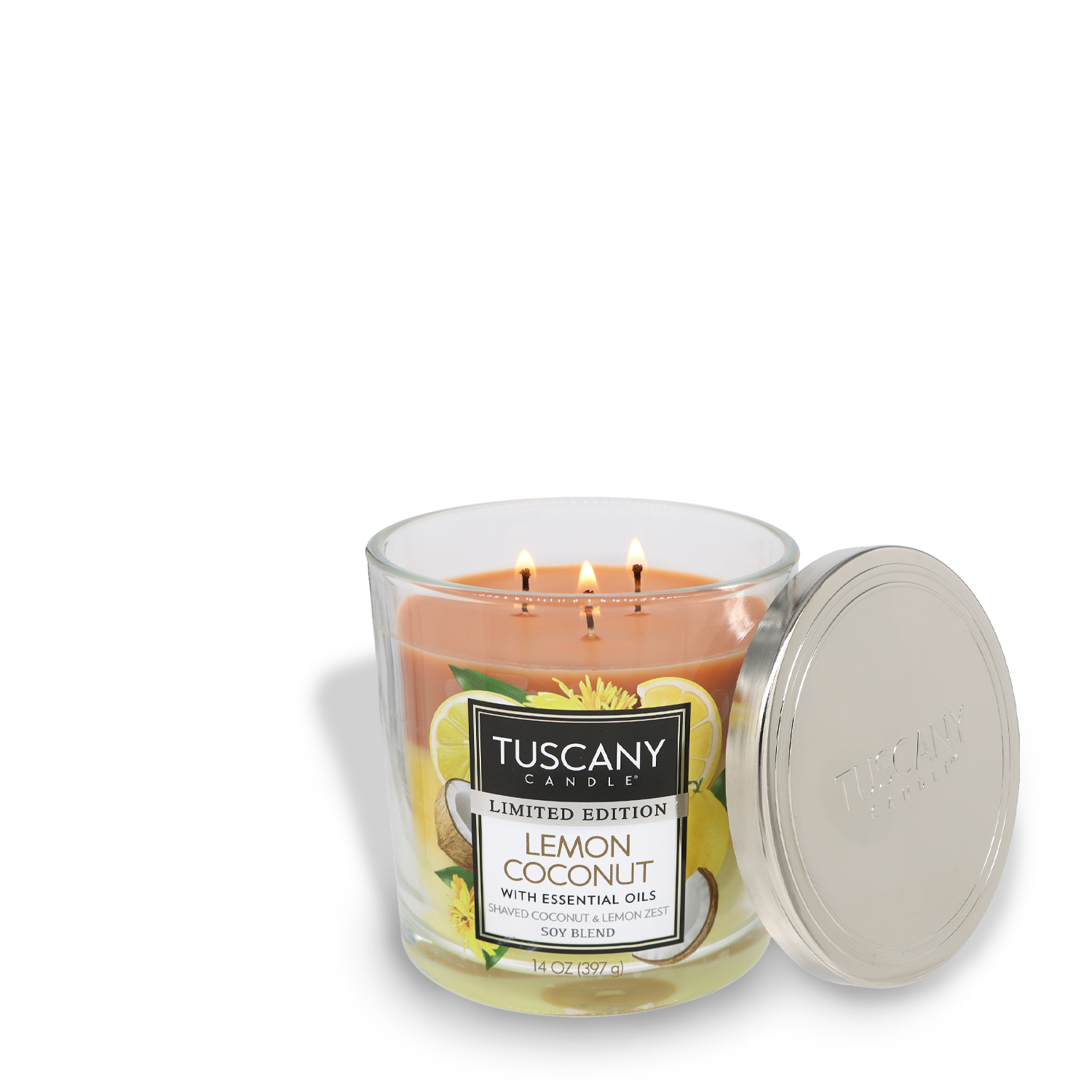 A Tuscany Candle® SEASONAL Lemon Coconut Long-Lasting Scented Jar Candle (14 oz) with a lemon coconut label, accompanied by its metallic lid placed on the side.