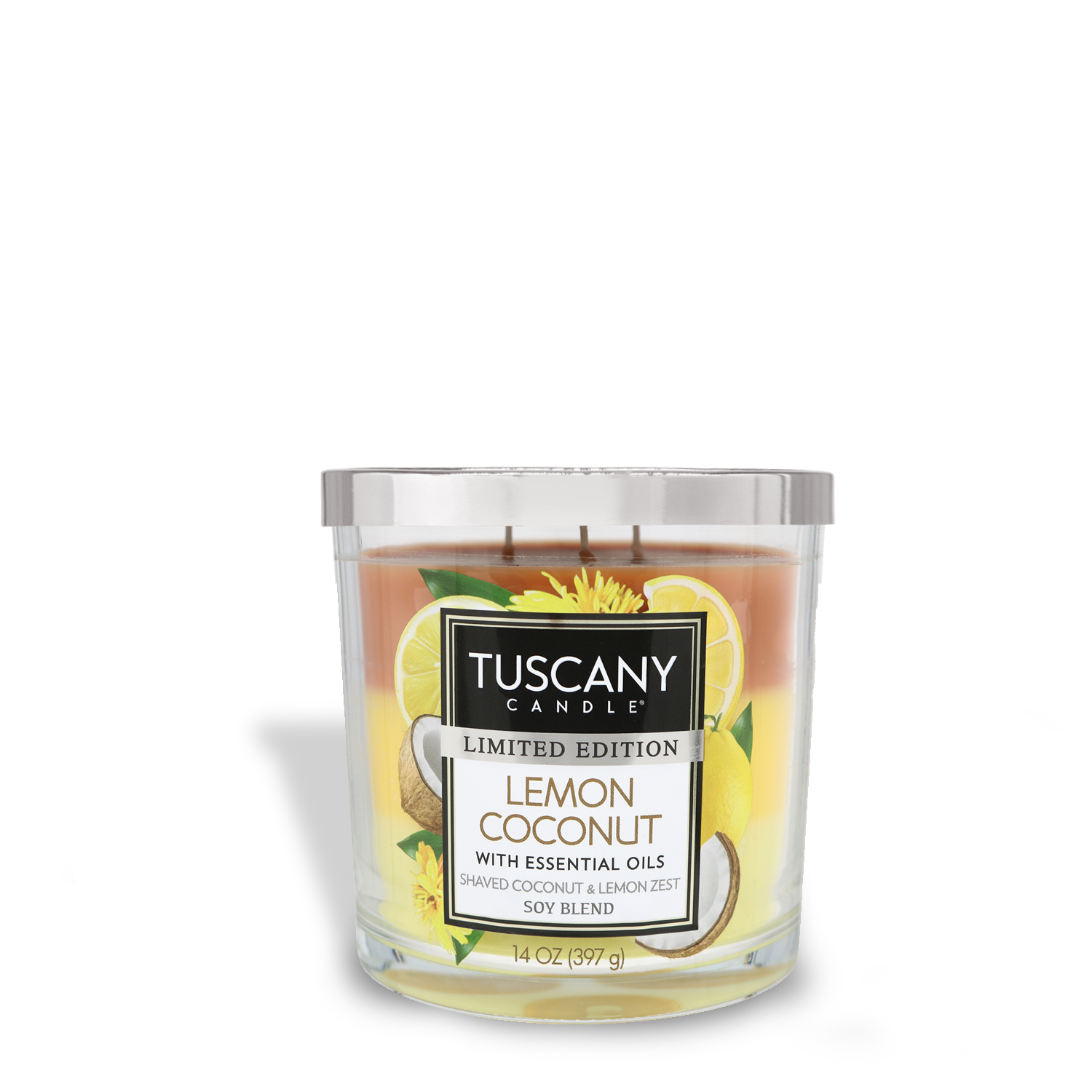 A Tuscany Candle® SEASONAL Lemon Coconut Long-Lasting Scented Jar Candle (14 oz), with essential oils, limited edition, displayed against a white background.