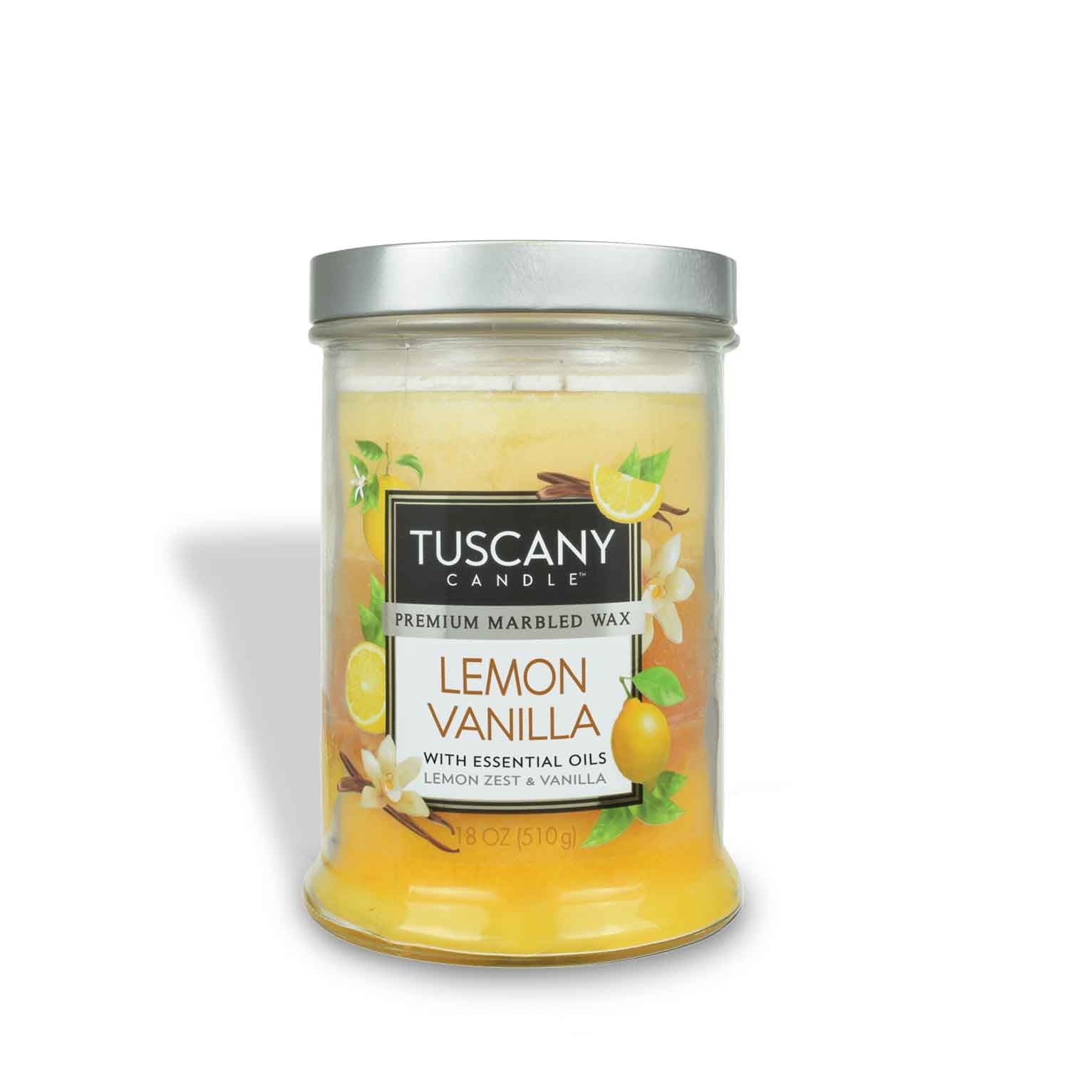 The "Tuscany Candle® EVD" Lemon Vanilla Long-Lasting Scented Jar Candle, 18 oz, features a glass jar with lemon and vanilla flower images, infused with essential oils.