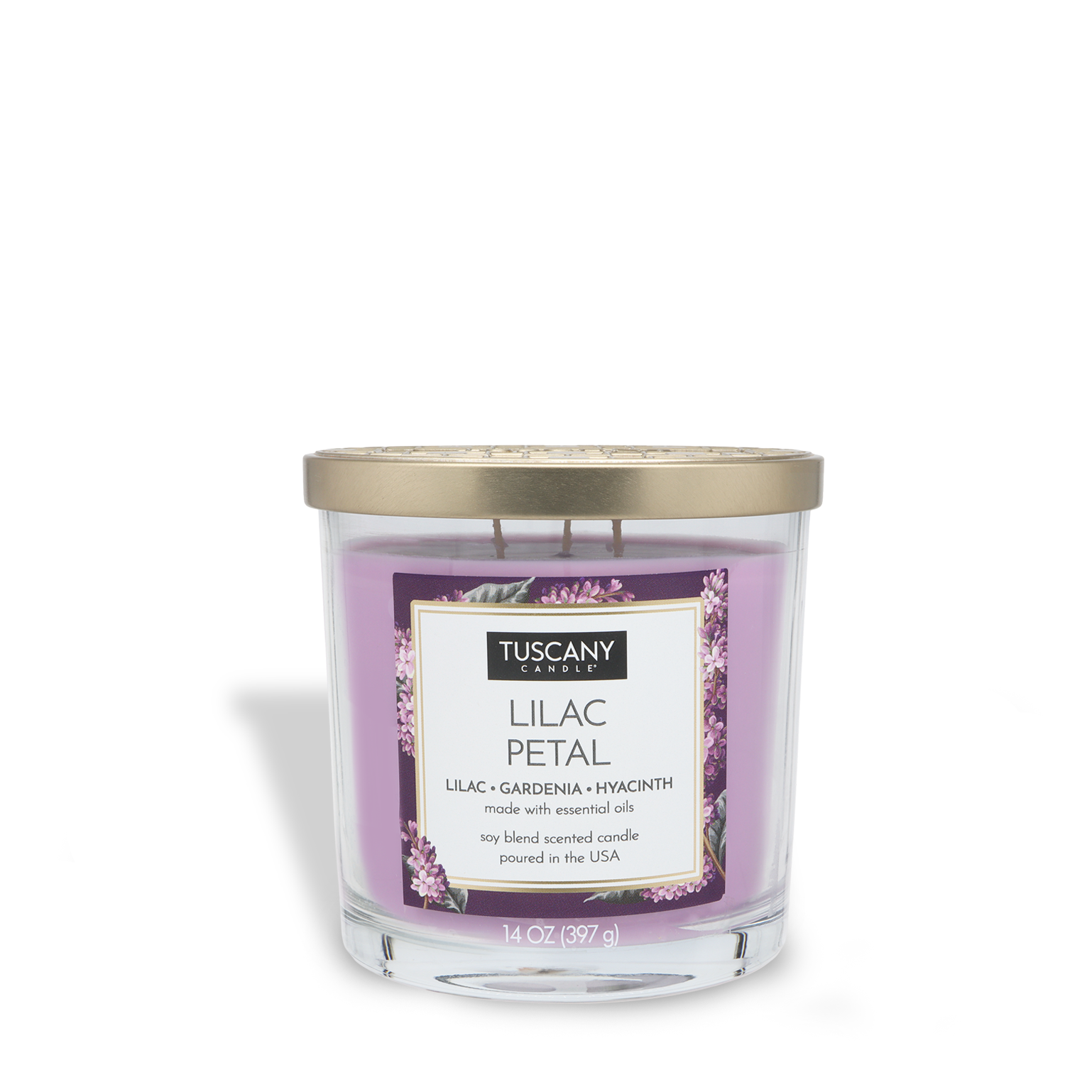 The Tuscany Candle® EVD Lilac Petal Long-Lasting Scented Jar Candle (14 oz) features lilac, gardenia, and hyacinth notes in essential oils, poured in a clear glass jar with a gold lid.