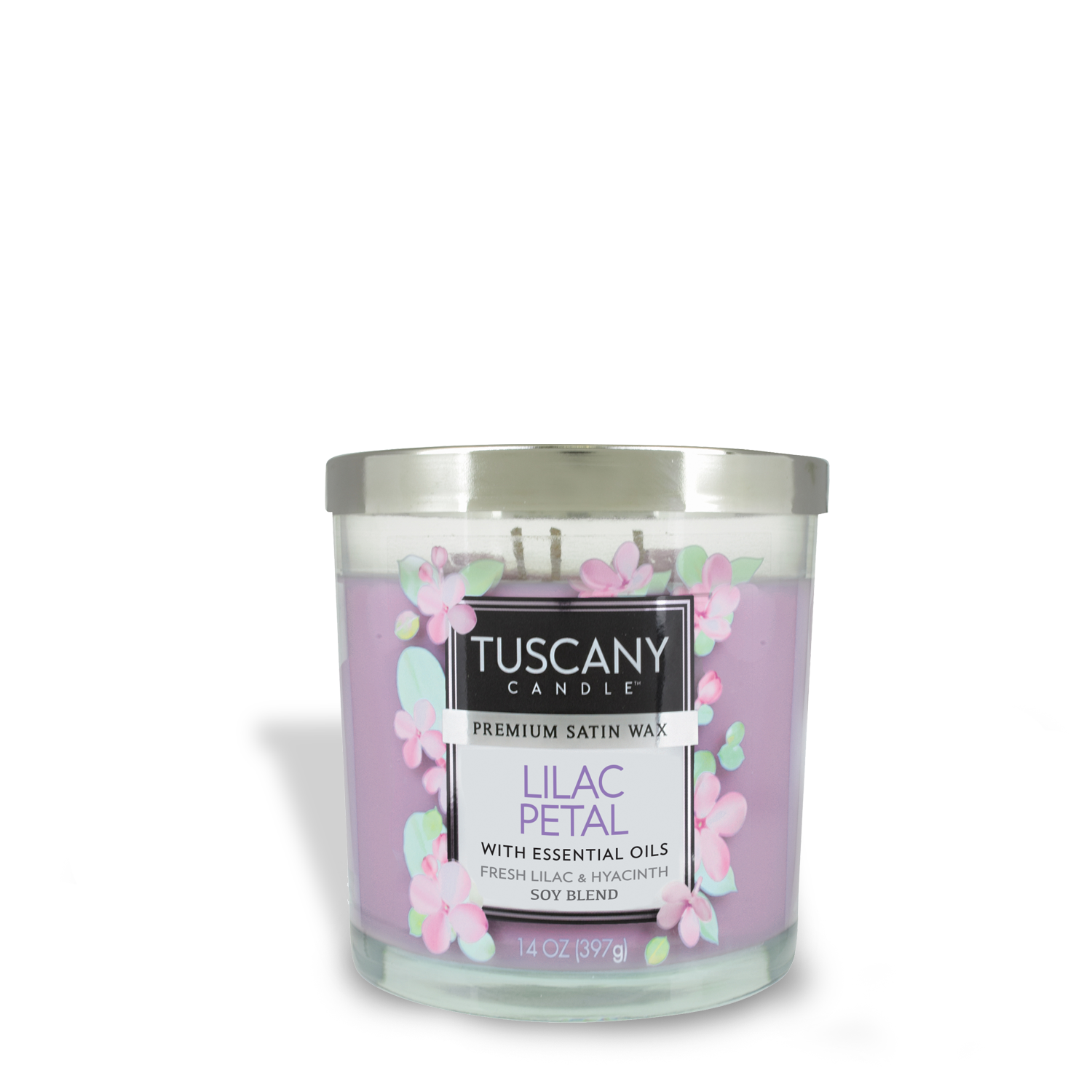 A Lilac Petal Long-Lasting Scented Jar Candle (14 oz) by Tuscany Candle with lavender flowers and lilac on it.