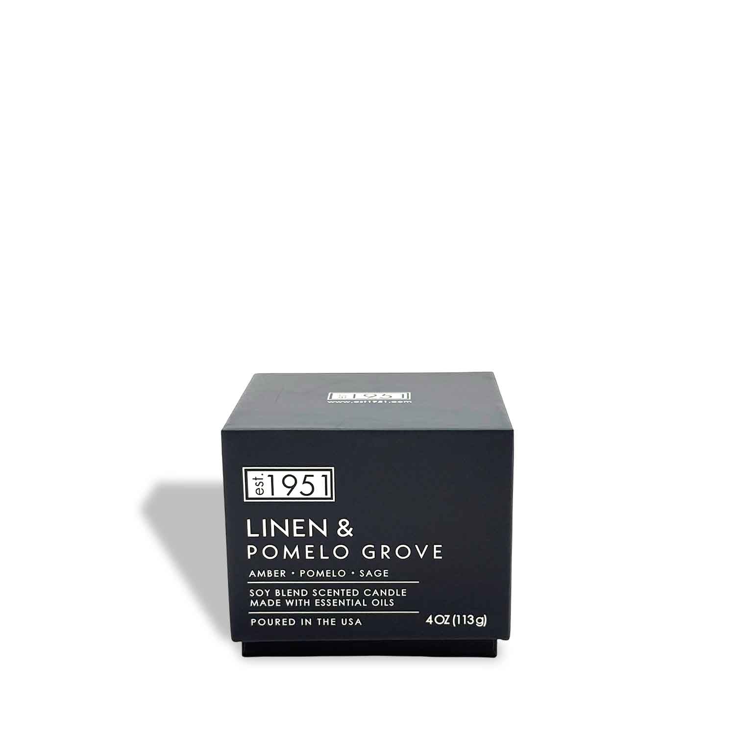 A 4oz travel-size "Linen & Pomelo Grove" candle by est.1951, with amber, pomelo, and sage scents in a premium soy blend, packaged in a black box.