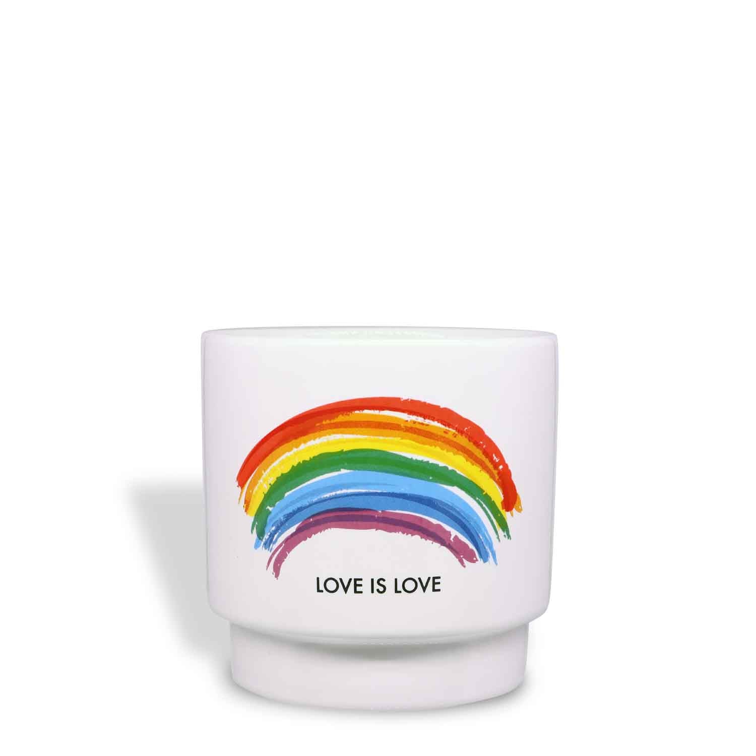 A Love is Love Scented Ceramic Candle (10 oz) from the Pride Collection with the words love is love on it.