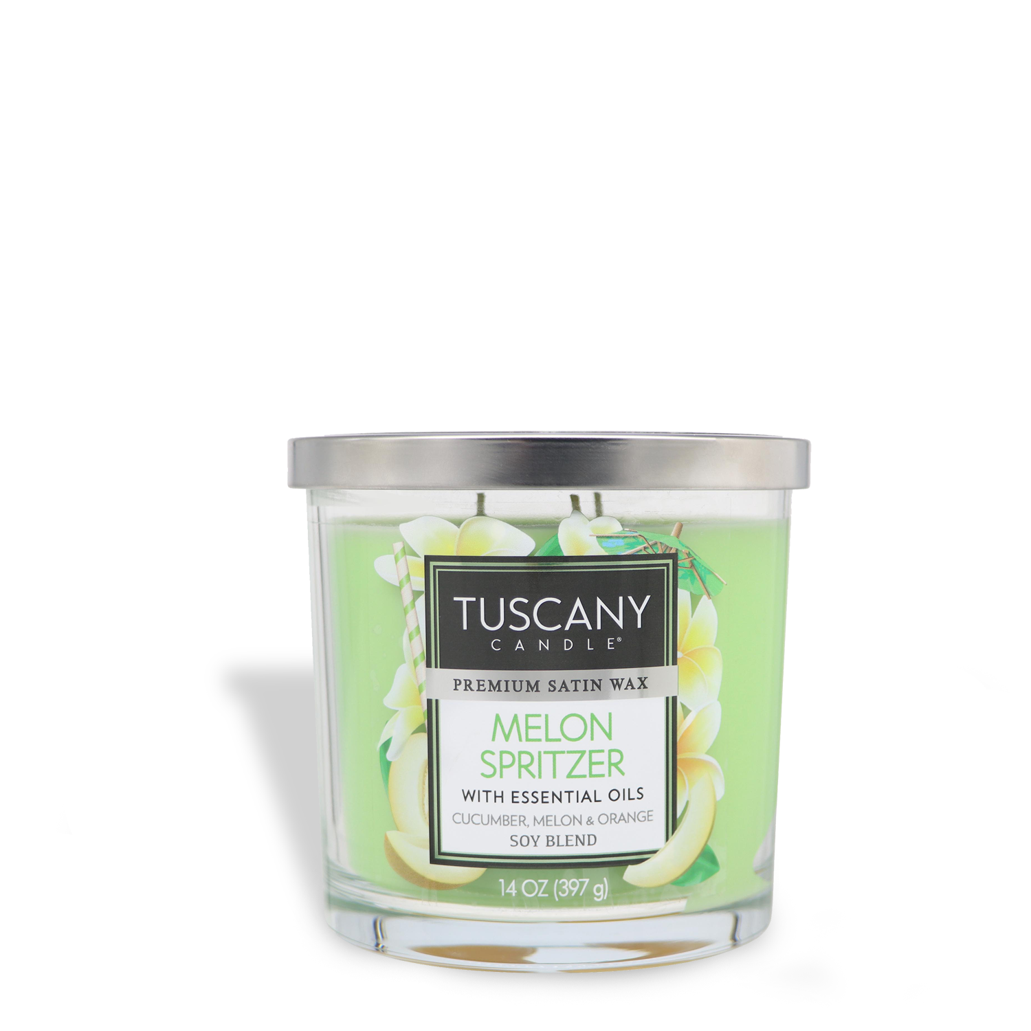 The Tuscany Candle® EVD Melon Spritzer Long-Lasting Scented Jar Candle (14 oz) features green wax with a silver lid, combining essential oils of cucumber, melon, and orange for a refreshing aroma.