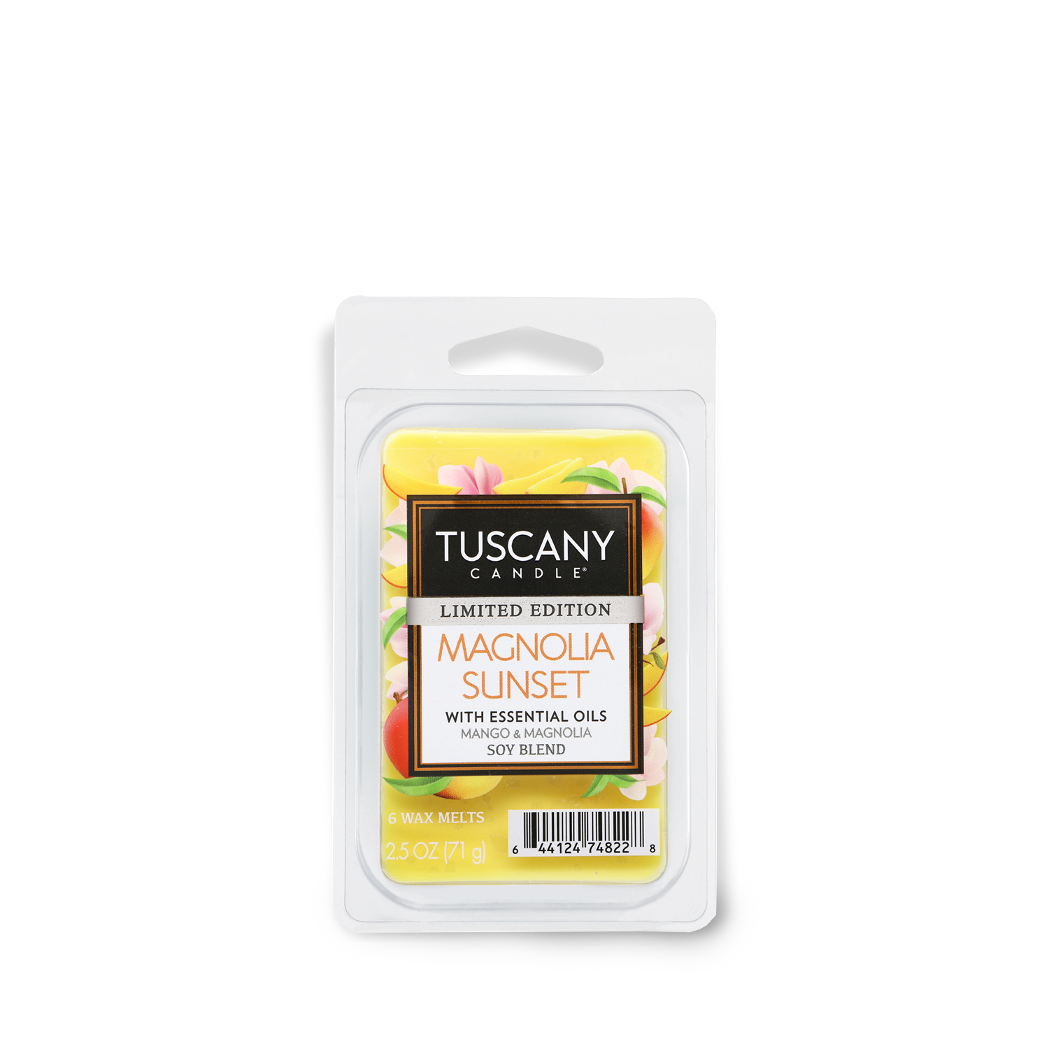 Indulge in the tropical dusk scent of a Tuscany Candle® SEASONAL Magnolia Sunset Scented Wax Melt (2.5 oz) bar, infused with magnolia sunset and mango.