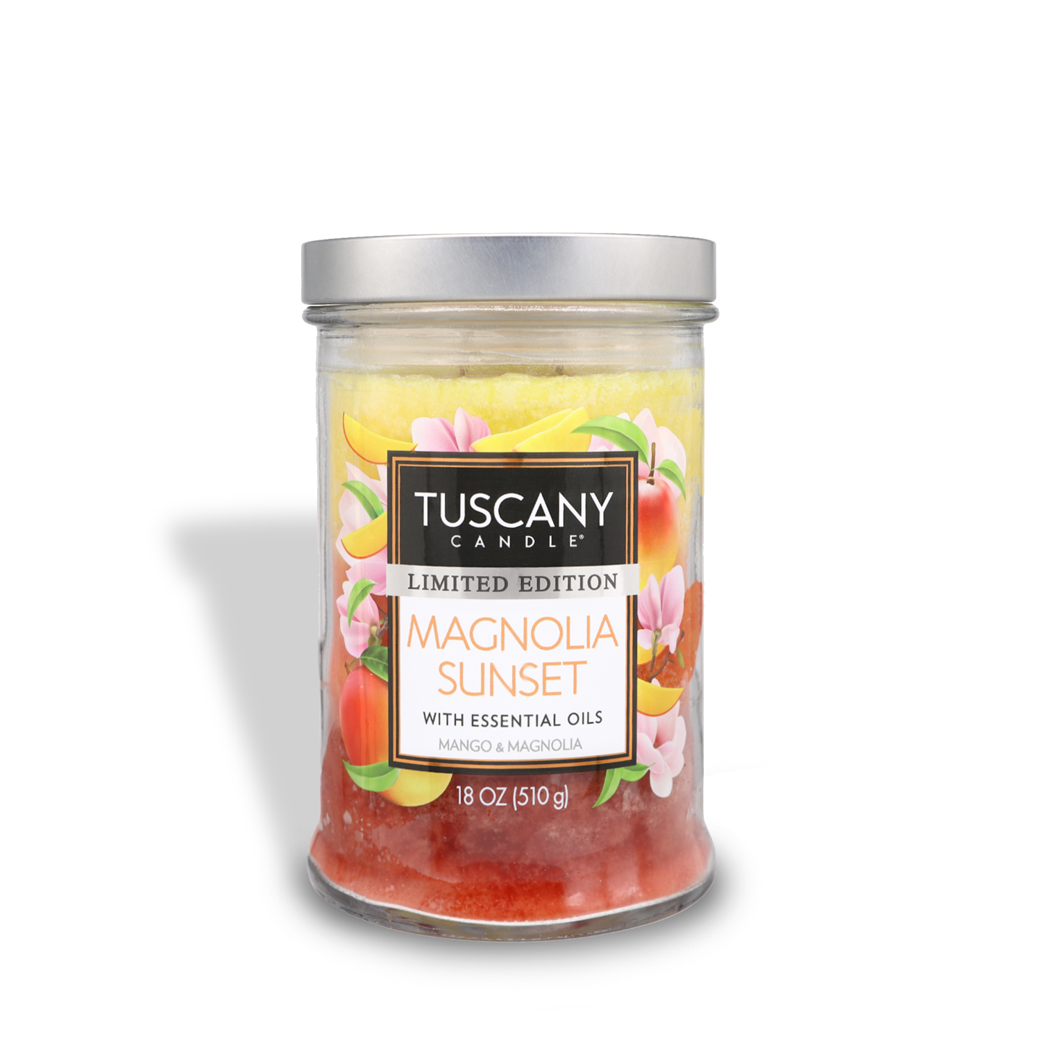 A jar of Tuscany Candle® SEASONAL Magnolia Sunset Long-Lasting Scented Jar Candle (18 oz).