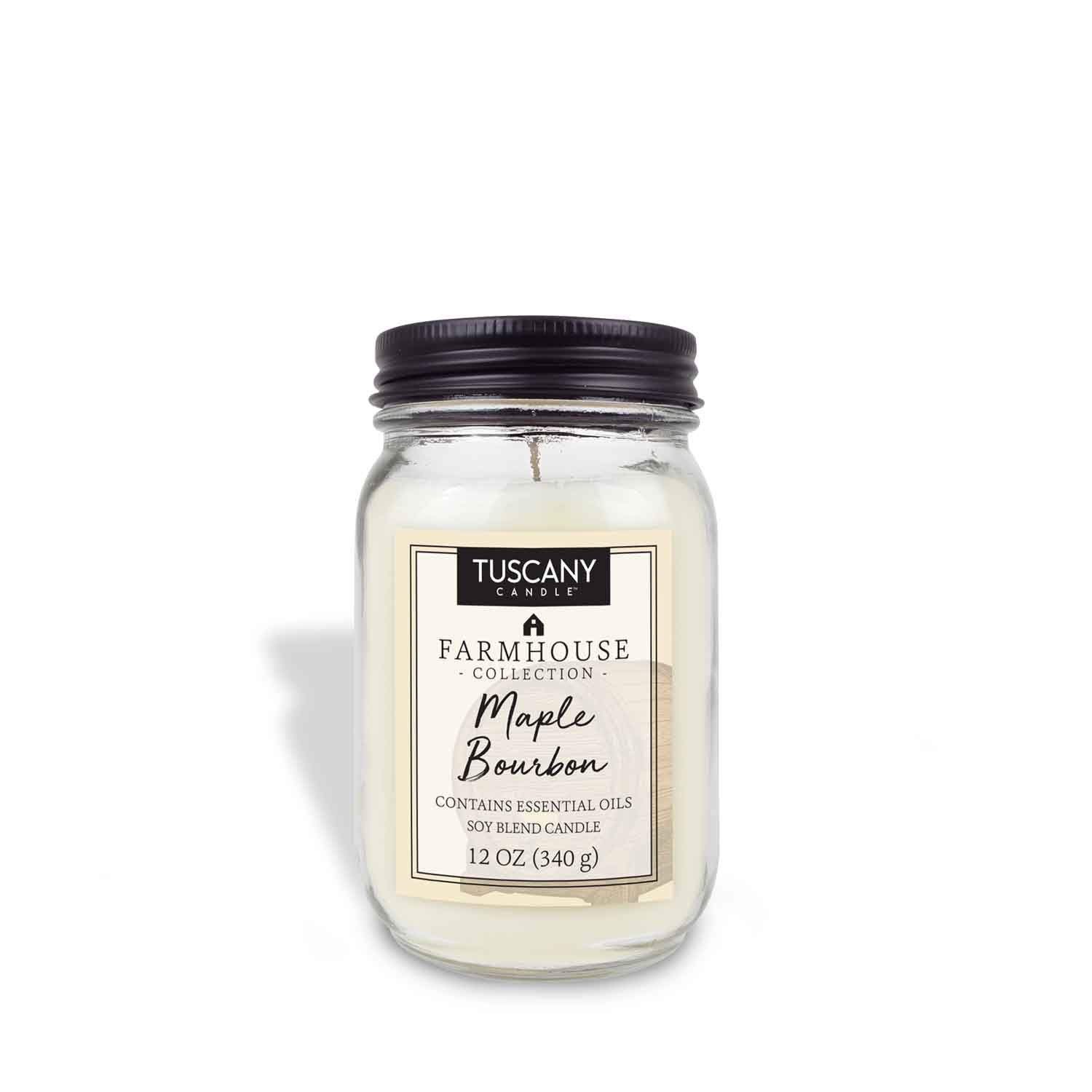 A Maple Bourbon Scented Jar Candle (12 oz) – Farmhouse Collection from Tuscany Candle® EVD on a white background.