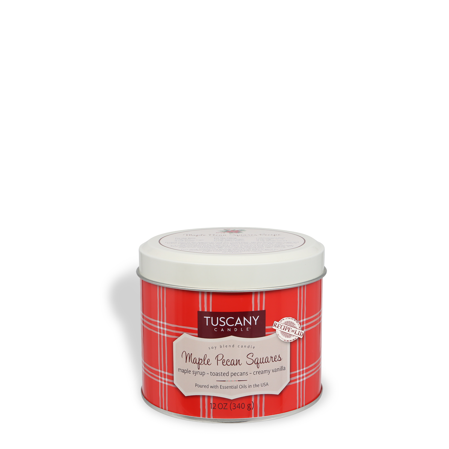 A 12 oz Tuscany Candle® SEASONAL Maple & Cinnamon Pancake scented candle from the Bakery Tins Collection, in a red tin with plaid design and white lid.