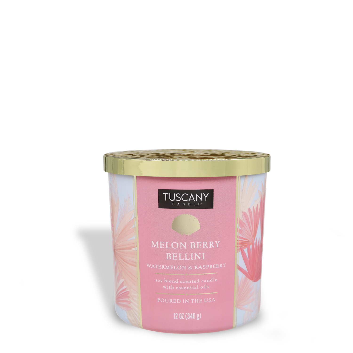 Experience the limited-edition Melon Berry Bellini: Watermelon Scented Summer Candle (12 oz) from Tuscany Candle® SEASONAL's Island Glam Collection, featuring a fruity watermelon aroma and chic palm leaf design with gold lid.