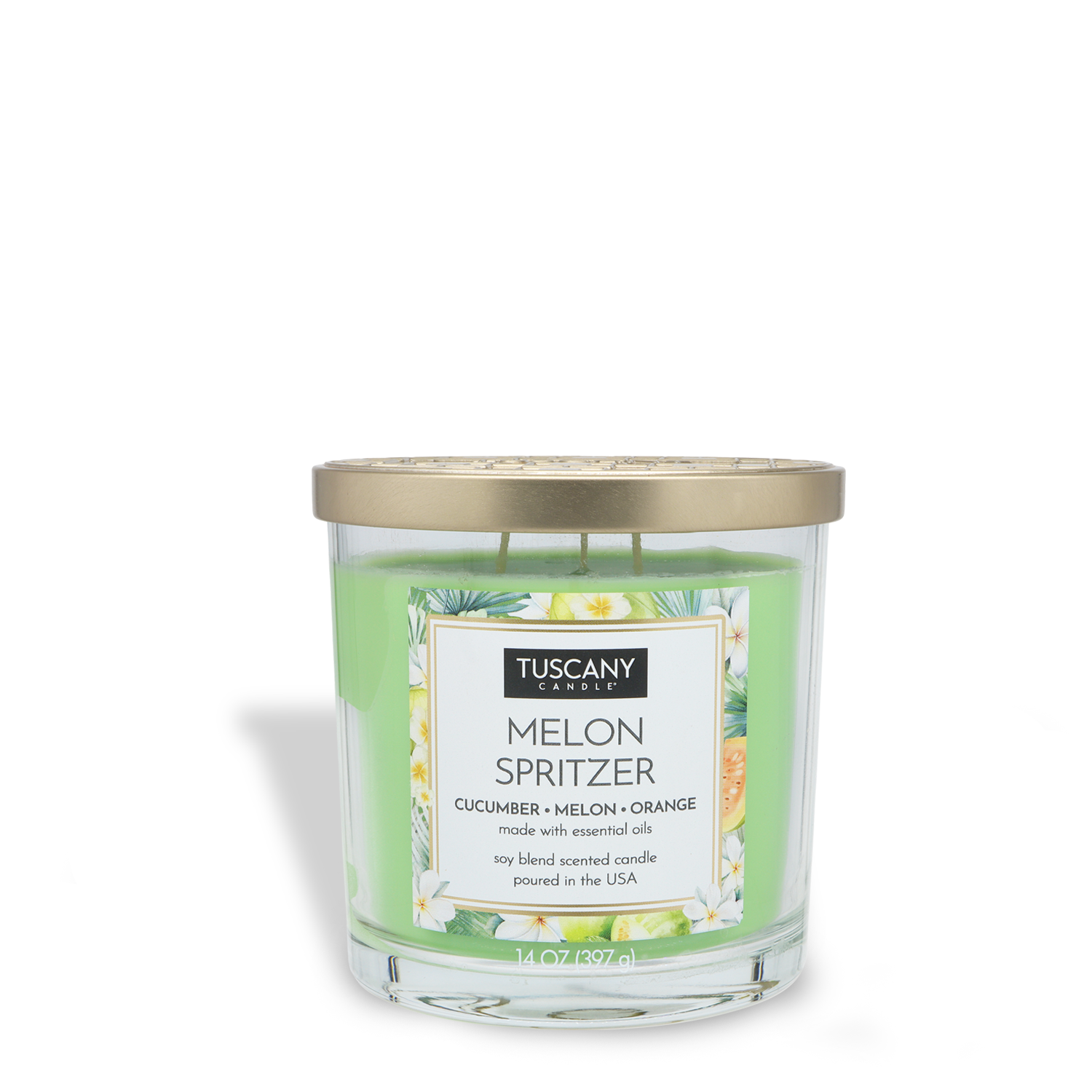 The Tuscany Candle® EVD Melon Spritzer Long-Lasting Scented Jar Candle (14 oz) features green soy blend wax with refreshing notes of cucumber, melon, and orange in a glass jar with a gold lid.