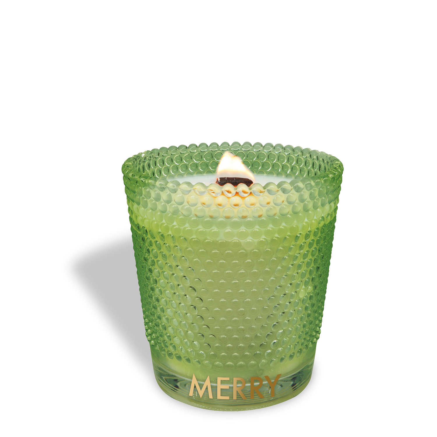 The Tuscany Candle® SEASONAL Merry: Morning Dew & Birch Scented Holiday Wooden Wick Candle (13 oz) is a green textured glass candle with "MERRY" in gold, featuring a wooden wick and visible flame.
