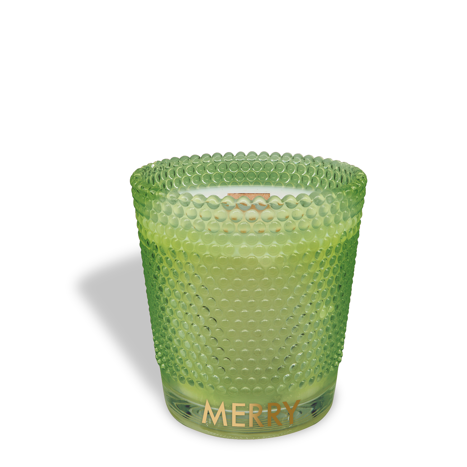 A green textured glass candle holder with "MERRY" in gold at the base, featuring Tuscany Candle® SEASONAL's Merry: Morning Dew & Birch Scented Holiday Wooden Wick Candle (13 oz), shown on a white background.
