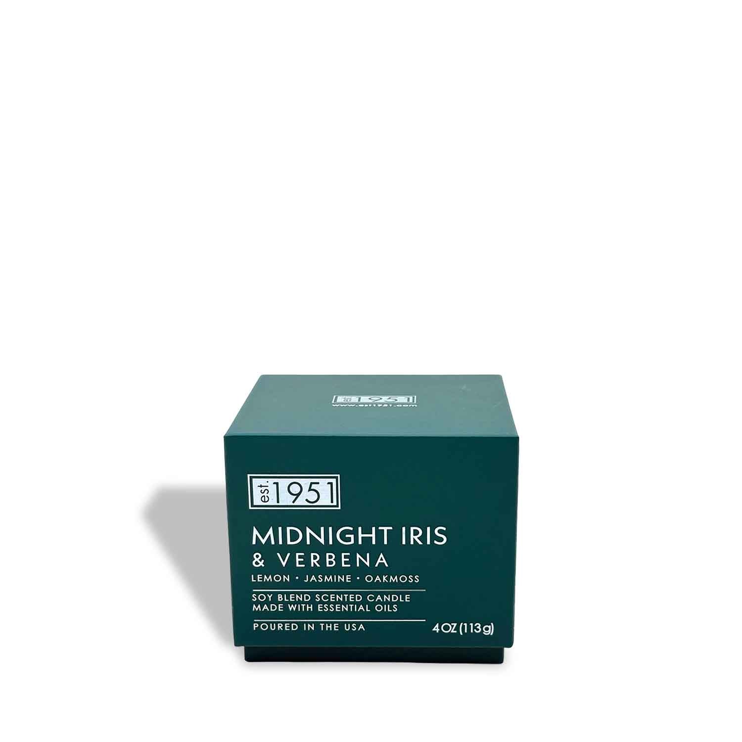 The est.1951 Midnight Iris & Verbena (4oz) candle blends soy wax with essential oils, filling your space with fresh notes of lemon, jasmine, and oakmoss—ideal for a soothing, vibrant aroma.