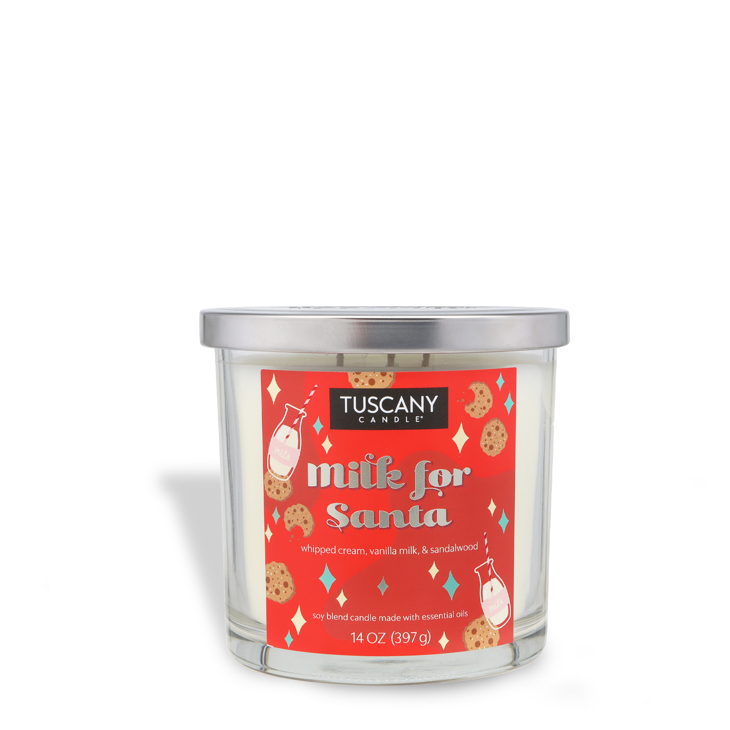 A 14 oz Tuscany Candle® SEASONAL "Milk for Santa" scented holiday candle in a glass jar with a silver lid, decorated with a red label featuring milk bottles and cookies.