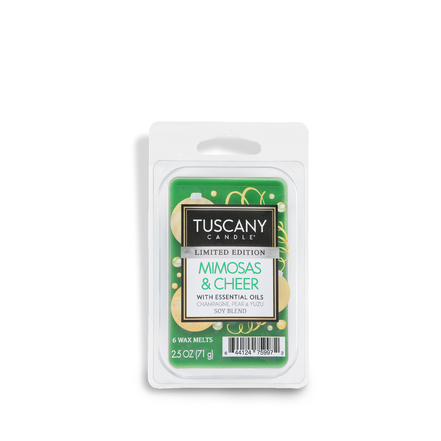 A 2.5 oz Tuscany Candle® SEASONAL "Mimosas & Cheer: Champagne & Yuzu" limited edition holiday wax melt features 6 scented melts and essential oils.