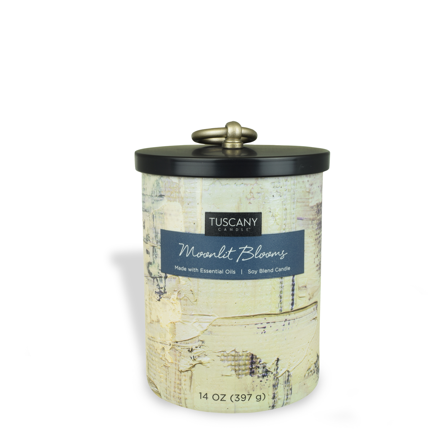 A Moonlit Blooms scented candle in a tin container with a black lid by Tuscany Candle® EVD.