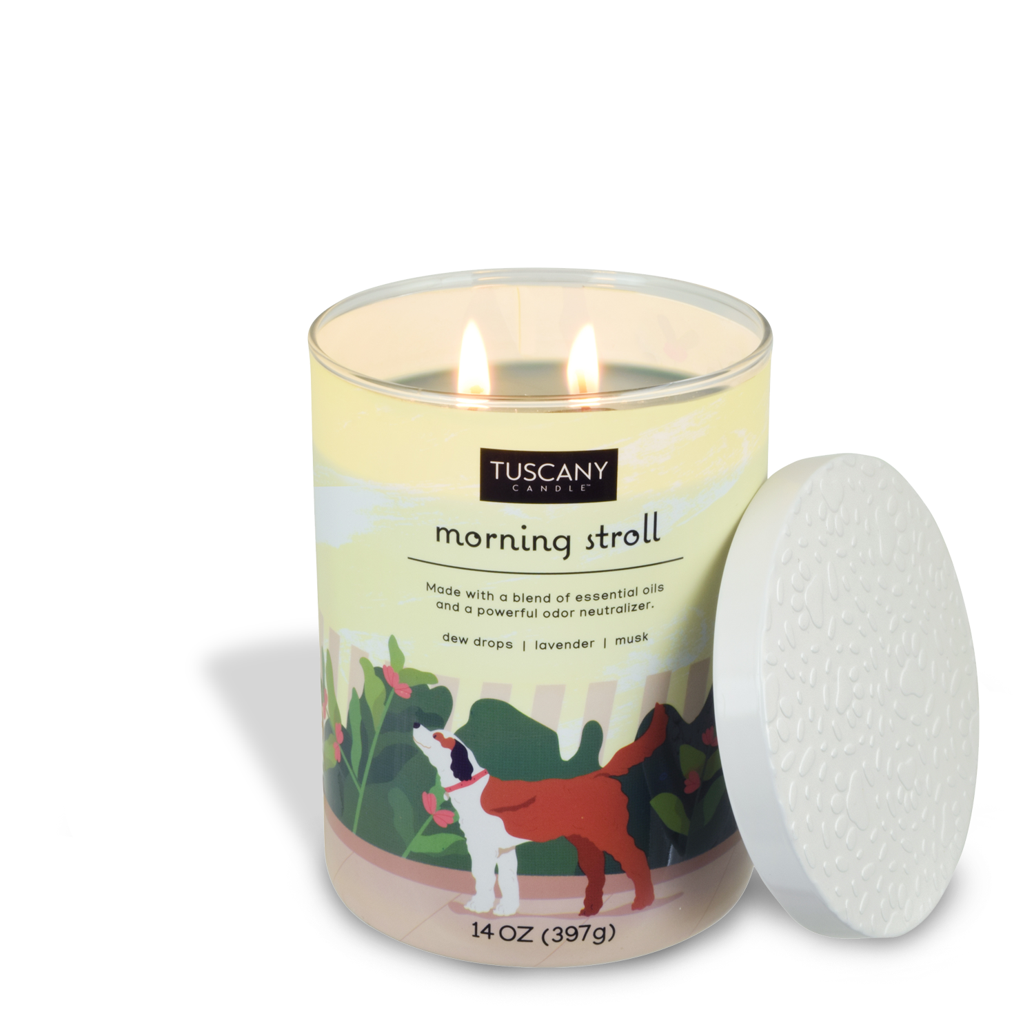 A Morning Stroll scented jar candle (14 oz) from Tuscany Candle, designed to neutralize pet odors.