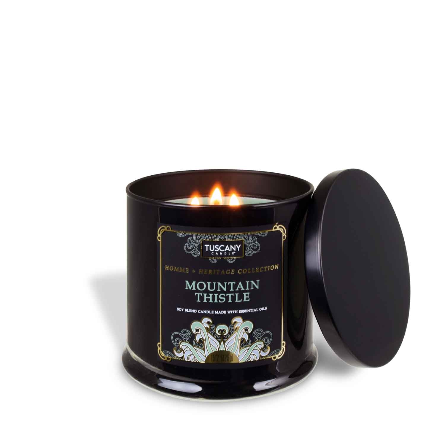 A Mountain Thistle Scented Jar Candle (15 oz) from Tuscany Candle on a white background, infused with essential oils from our Homme + Heritage Collection.