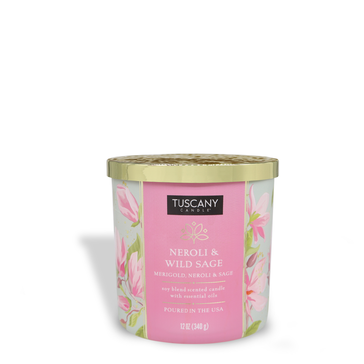 The Tuscany Candle® SEASONAL Neroli & Wild Sage: Marigold Scented Summer Candle (12 oz) from the Island Glam Collection features a floral design and gold lid, offering a fresh, uplifting scent—ideal for brightening your space this summer.