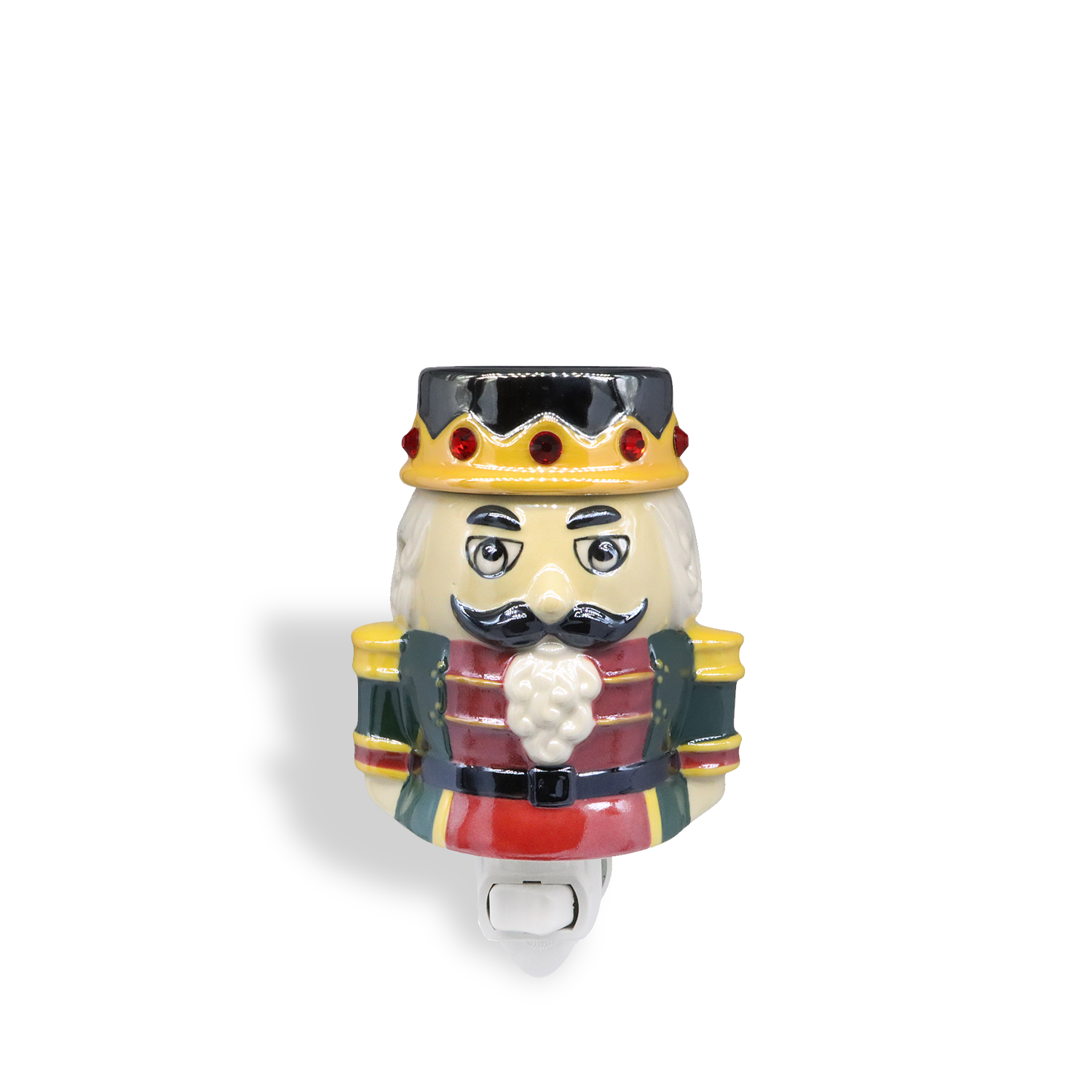 The Tuscany Candle® SEASONAL Nutcracker Outlet Wax Melt Warmer features a mustached nutcracker soldier in a red, green, and yellow uniform with a crown, displayed against a white background.