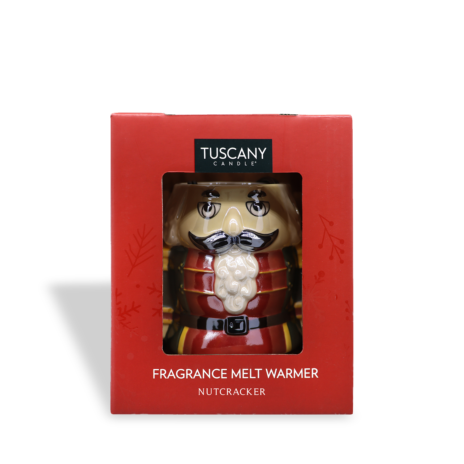 The Tuscany Candle® SEASONAL Nutcracker Wax Melt Warmer is displayed in its red retail packaging.